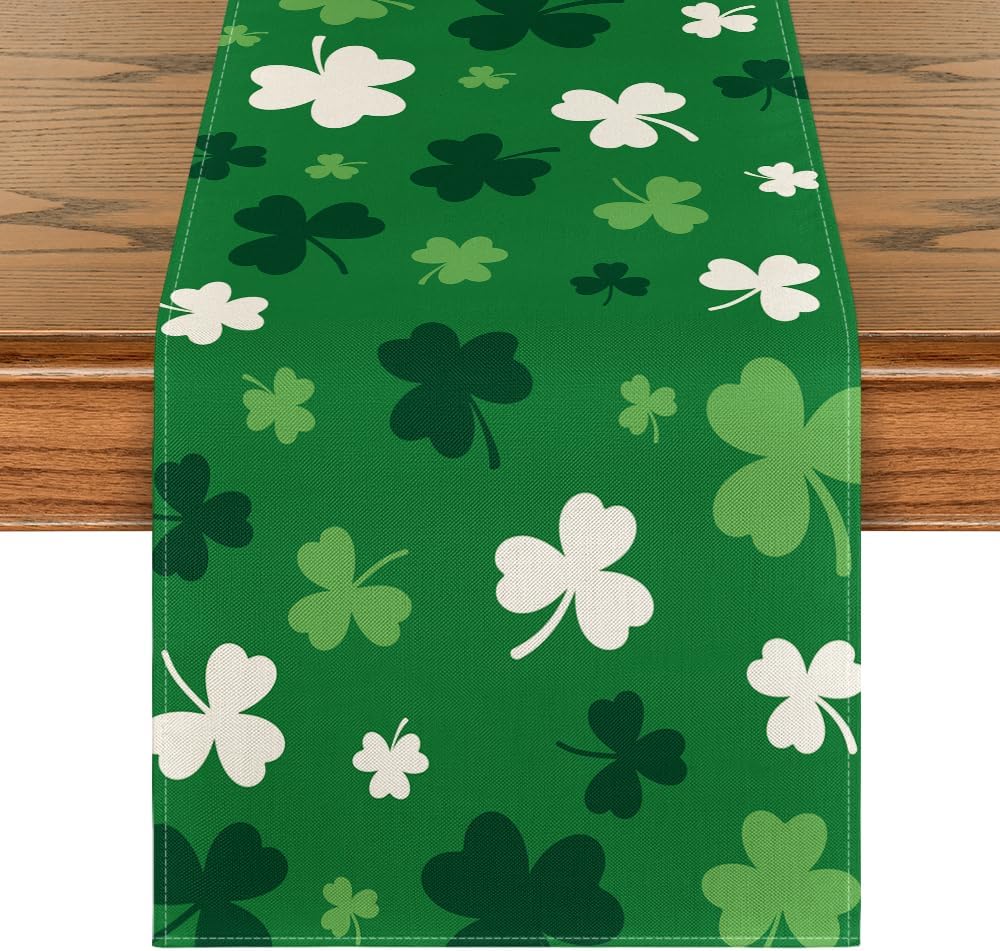 Green Shamrock St. Patrick's Day Table Runner, Seasonal Spring Kitchen Dining Table Decoration for Home Party Decor 13x72 Inch - Image 1