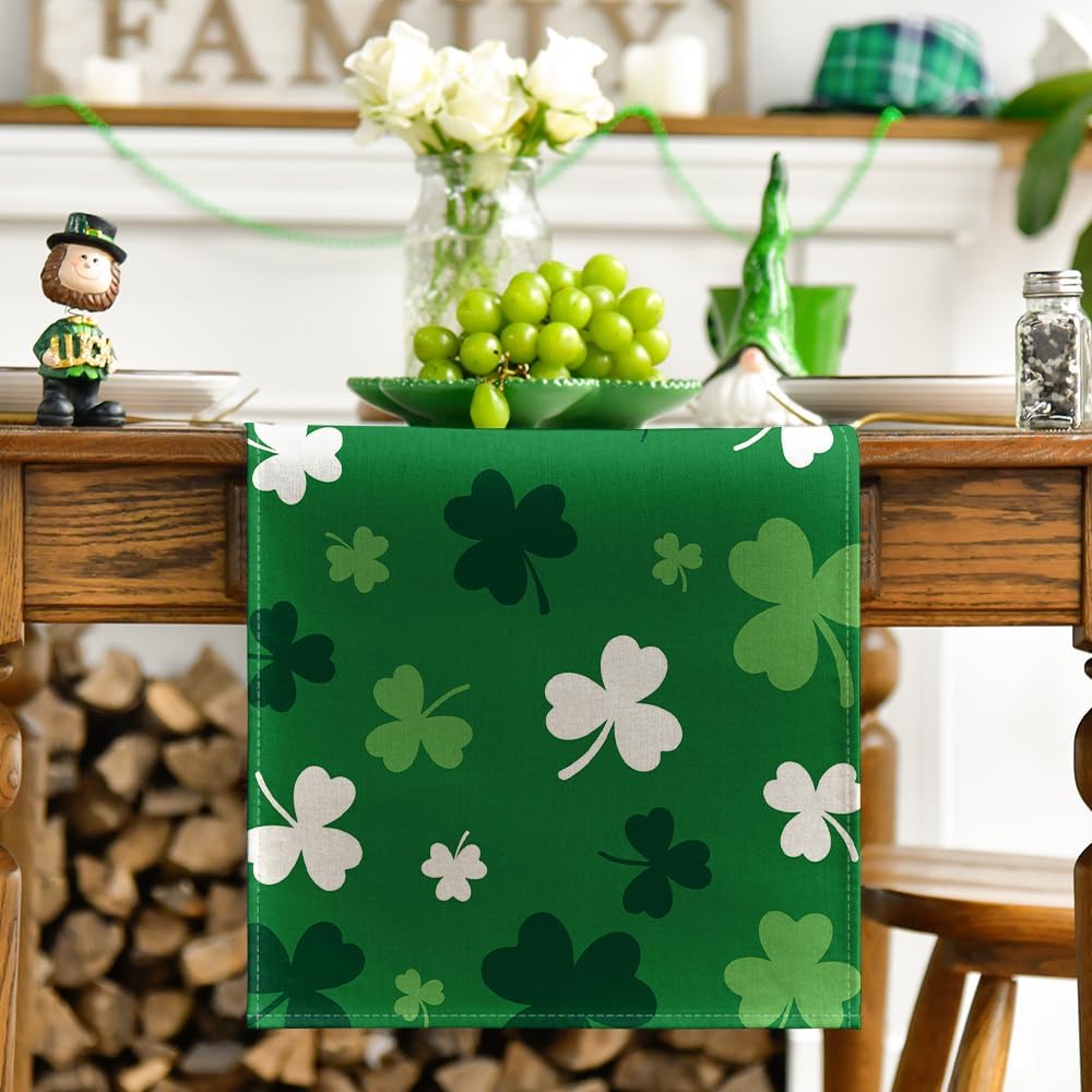 Green Shamrock St. Patrick's Day Table Runner, Seasonal Spring Kitchen Dining Table Decoration for Home Party Decor 13x72 Inch - Image 2