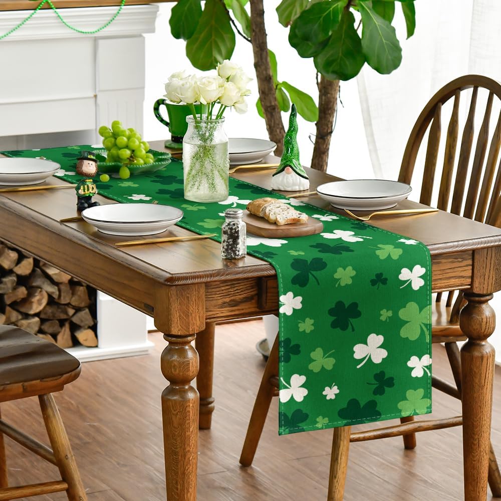 Green Shamrock St. Patrick's Day Table Runner, Seasonal Spring Kitchen Dining Table Decoration for Home Party Decor 13x72 Inch - Image 3