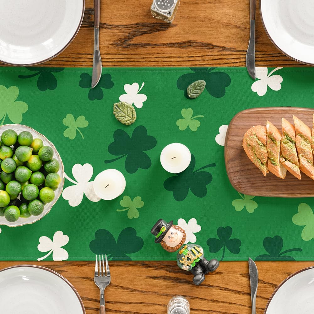 Green Shamrock St. Patrick's Day Table Runner, Seasonal Spring Kitchen Dining Table Decoration for Home Party Decor 13x72 Inch - Image 4