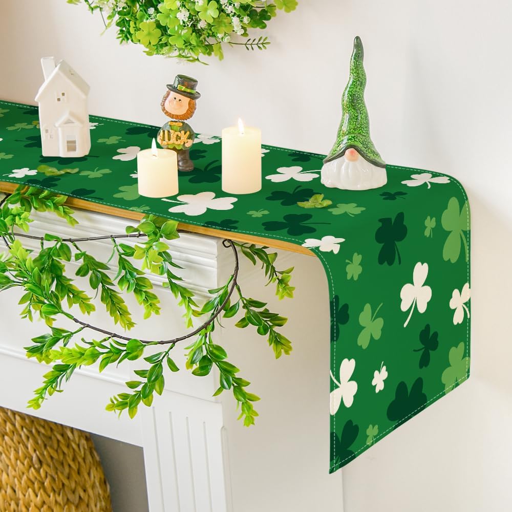 Green Shamrock St. Patrick's Day Table Runner, Seasonal Spring Kitchen Dining Table Decoration for Home Party Decor 13x72 Inch - Image 7