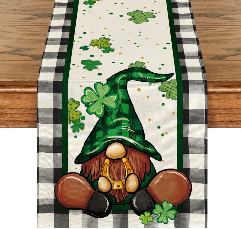 Buffalo Plaid Shamrock Gnome St. Patrick's Day Table Runner, Seasonal Spring Holiday Kitchen Dining Table Decoration for Indoor Outdoor Home Party Decor 13 x 72 Inch - Image 1