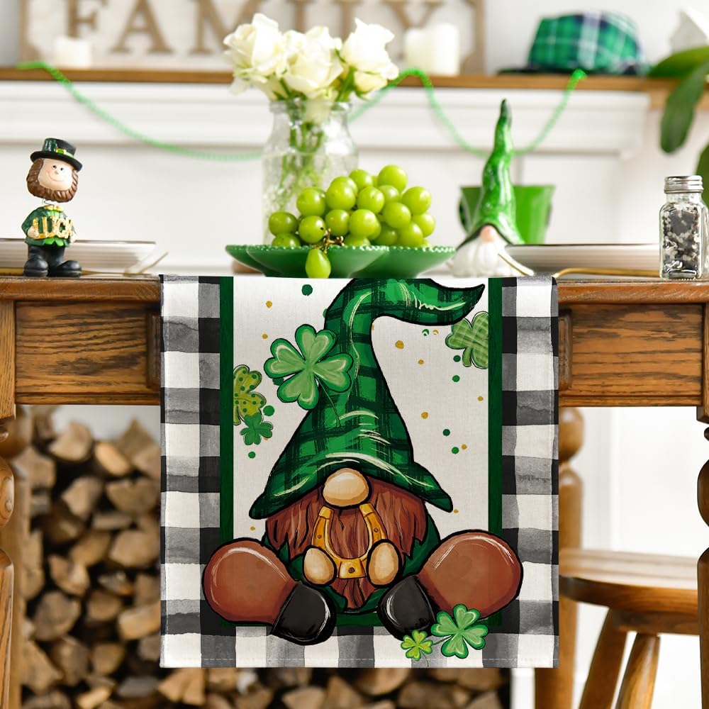 Buffalo Plaid Shamrock Gnome St. Patrick's Day Table Runner, Seasonal Spring Holiday Kitchen Dining Table Decoration for Indoor Outdoor Home Party Decor 13 x 72 Inch - Image 2