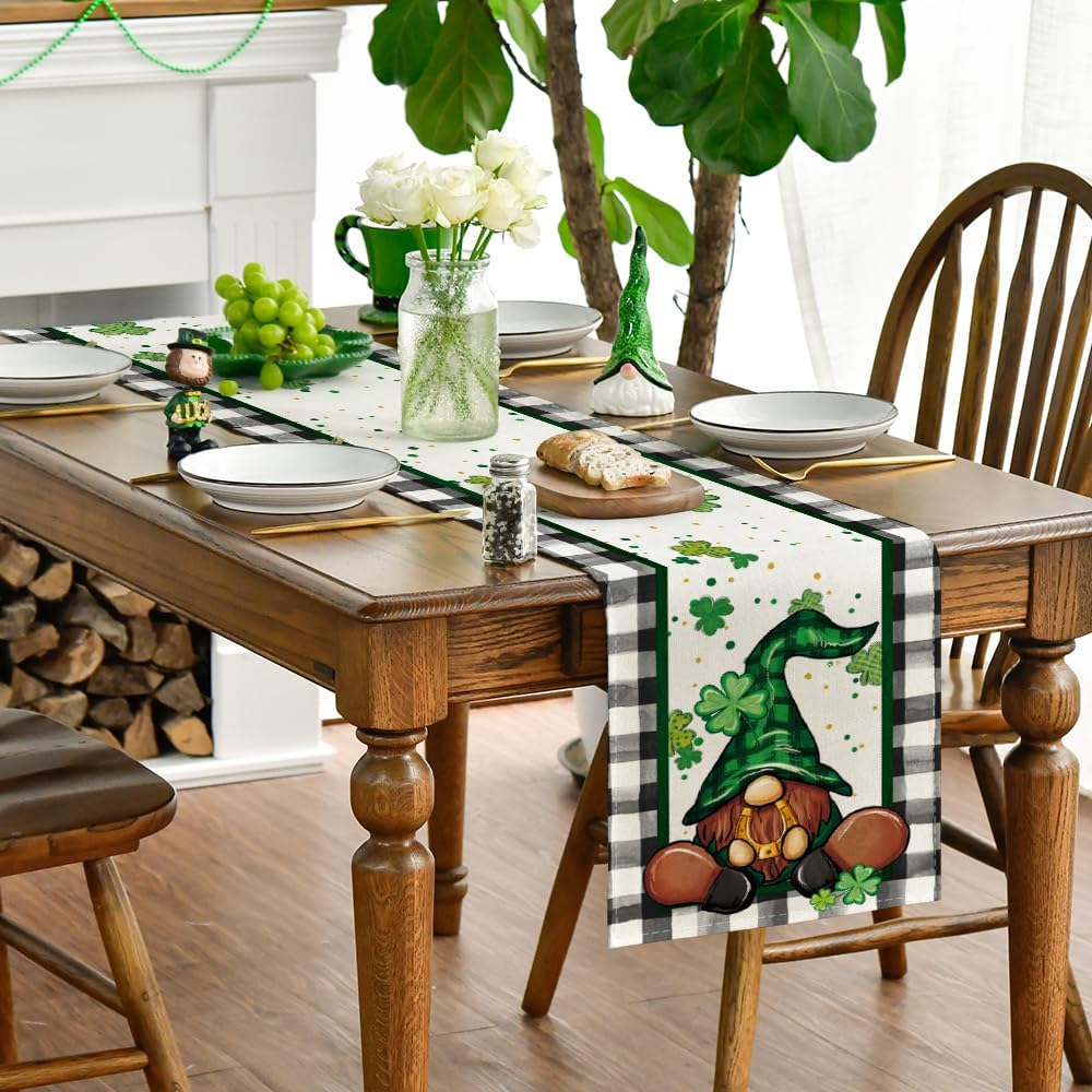 Buffalo Plaid Shamrock Gnome St. Patrick's Day Table Runner, Seasonal Spring Holiday Kitchen Dining Table Decoration for Indoor Outdoor Home Party Decor 13 x 72 Inch - Image 3