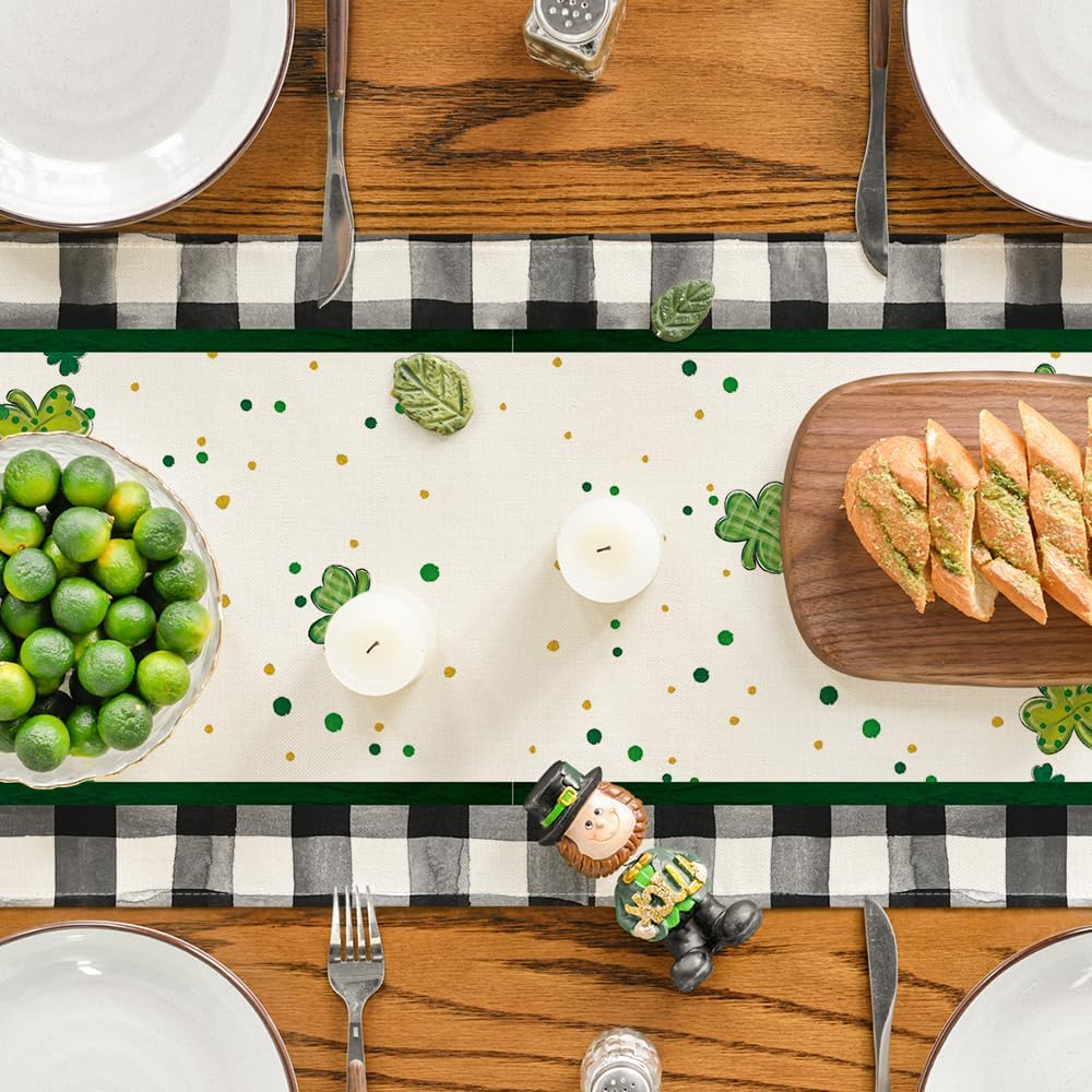 Buffalo Plaid Shamrock Gnome St. Patrick's Day Table Runner, Seasonal Spring Holiday Kitchen Dining Table Decoration for Indoor Outdoor Home Party Decor 13 x 72 Inch - Image 4