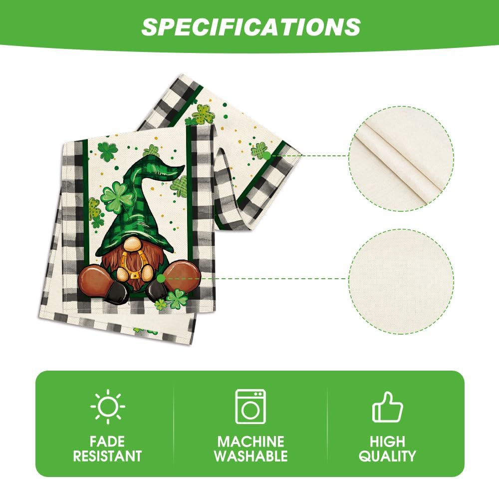 Buffalo Plaid Shamrock Gnome St. Patrick's Day Table Runner, Seasonal Spring Holiday Kitchen Dining Table Decoration for Indoor Outdoor Home Party Decor 13 x 72 Inch - Image 5
