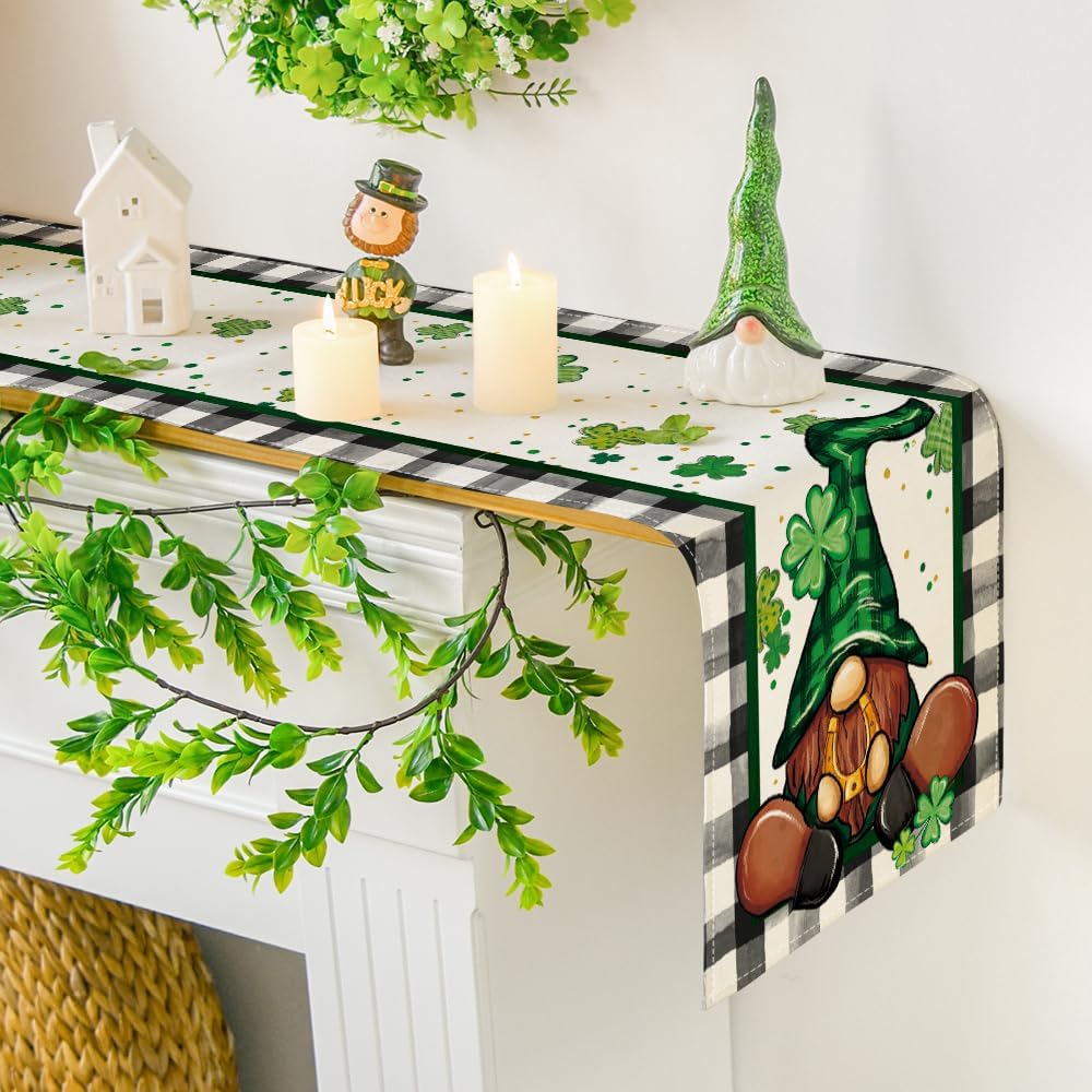 Buffalo Plaid Shamrock Gnome St. Patrick's Day Table Runner, Seasonal Spring Holiday Kitchen Dining Table Decoration for Indoor Outdoor Home Party Decor 13 x 72 Inch - Image 7