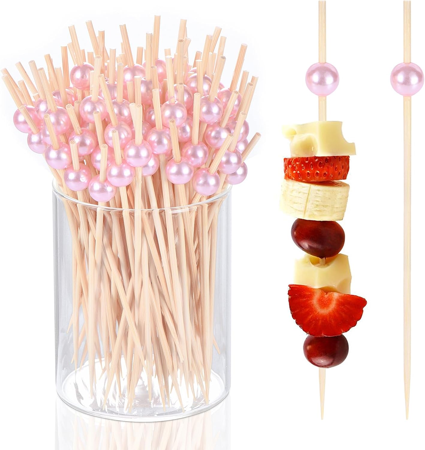 100 Pcs Pearl Toothpicks for Appetizers, 4.7 Inch Pearl Cocktail Picks for Party Decoration, Appetizer Skewers for Charcuterie Sandwich Burgers Fruit Drinks Party (Pink) - Image 1