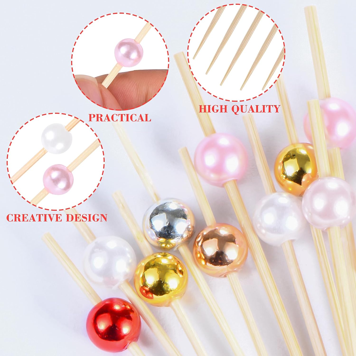 100 Pcs Pearl Toothpicks for Appetizers, 4.7 Inch Pearl Cocktail Picks for Party Decoration, Appetizer Skewers for Charcuterie Sandwich Burgers Fruit Drinks Party (Pink) - Image 3