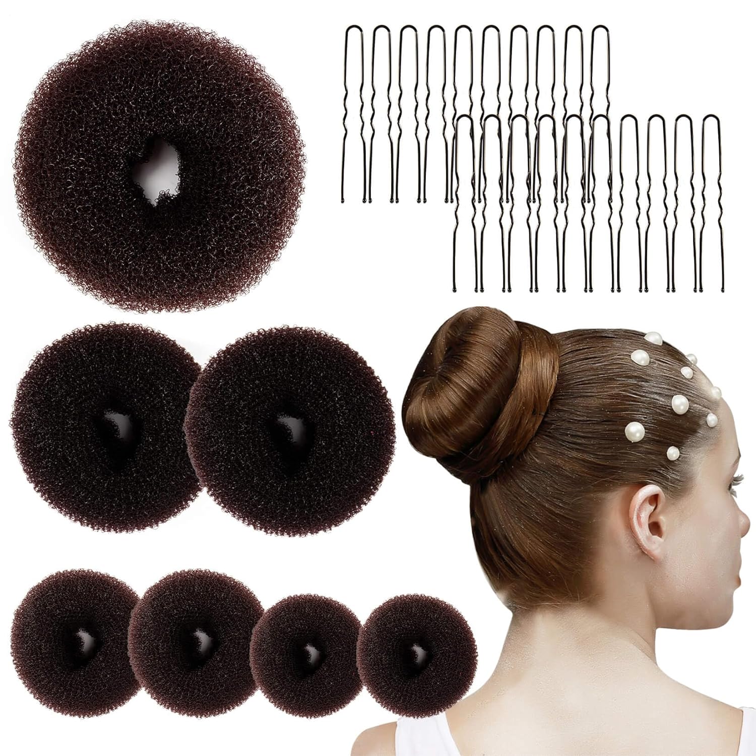 Hair Donut Bun Maker Kit - Updos Sock for Long Hair, Bun Holder with Hair Clips (1 Extra Large, 2 Large, 2 Medium, 2 Small) - Image 1