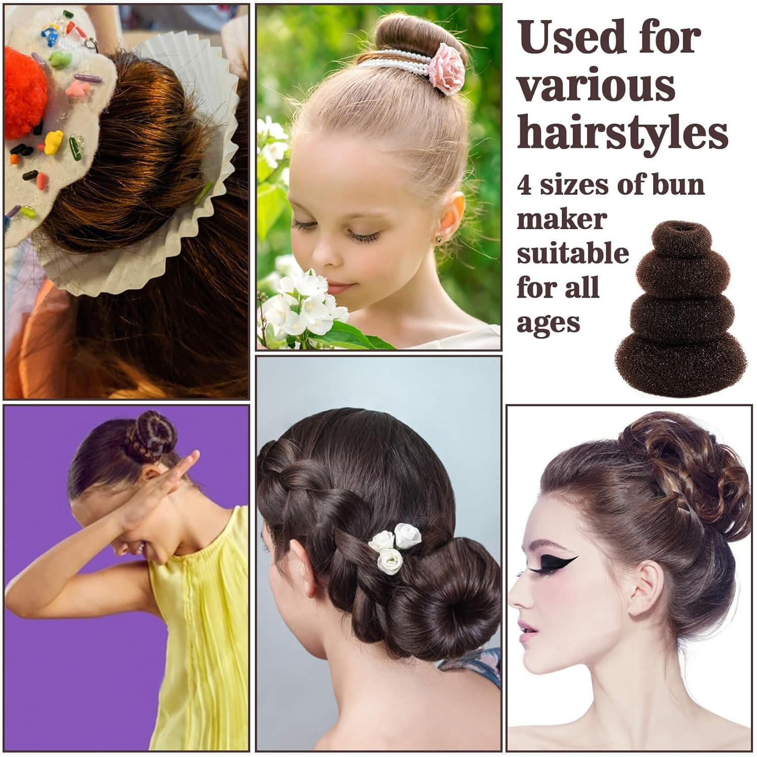 Hair Donut Bun Maker Kit - Updos Sock for Long Hair, Bun Holder with Hair Clips (1 Extra Large, 2 Large, 2 Medium, 2 Small) - Image 6