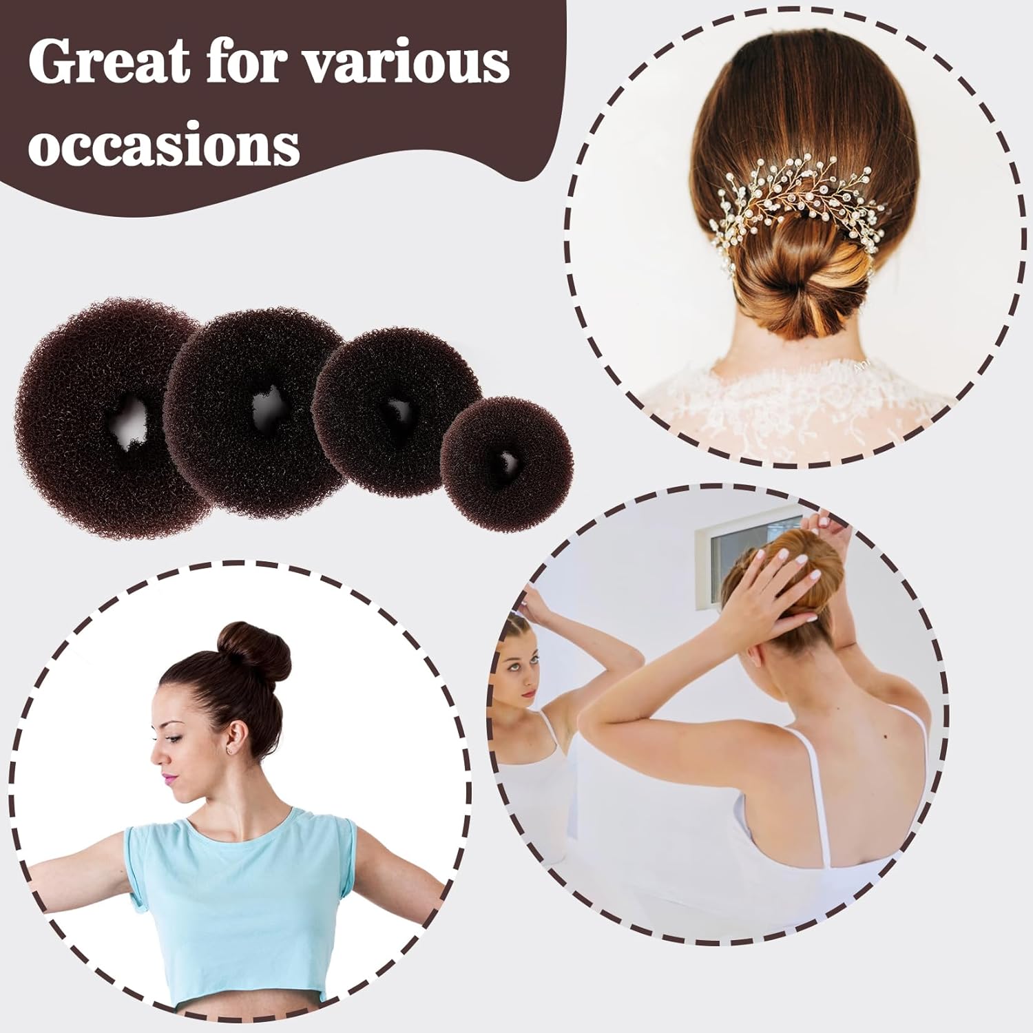 Hair Donut Bun Maker Kit - Updos Sock for Long Hair, Bun Holder with Hair Clips (1 Extra Large, 2 Large, 2 Medium, 2 Small) - Image 7