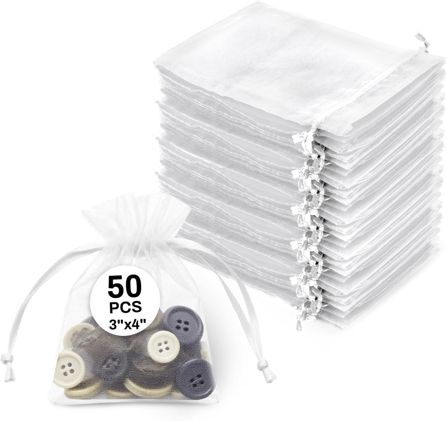 50 White Organza Bags 3''x4'' - Small Organza Sachet Jewelry Gift Favor Bags Drawstring Mesh Valentines Wedding Eid Mubarak Halloween Eve Christmas New Year Party Candy Fruit Wrap Bulk - Image 1