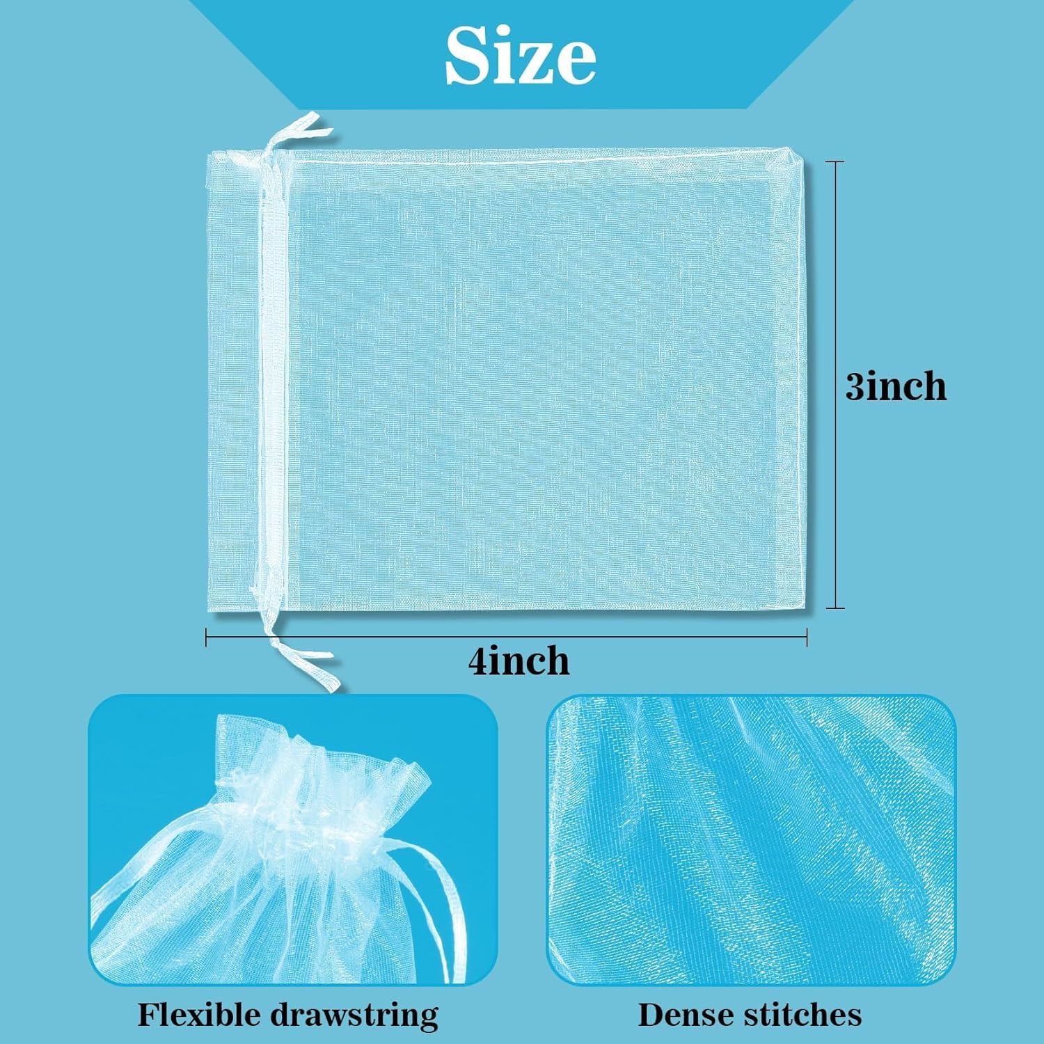 50 White Organza Bags 3''x4'' - Small Organza Sachet Jewelry Gift Favor Bags Drawstring Mesh Valentines Wedding Eid Mubarak Halloween Eve Christmas New Year Party Candy Fruit Wrap Bulk - Image 2