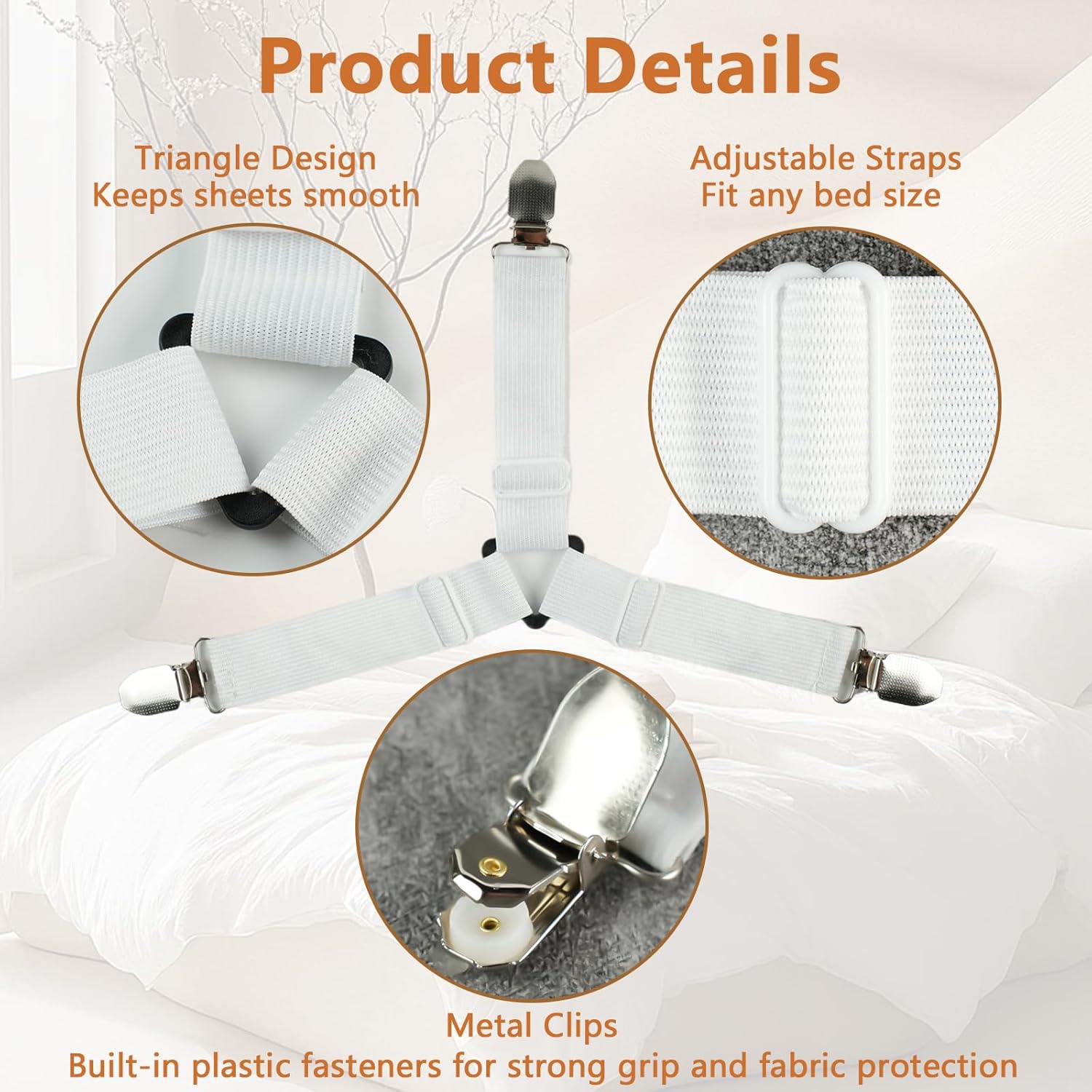 4PCS Bed Sheet Straps with l Clips, Adjustable Elastic Fitted Sheet Holders for Corners, Keep Bedding Wrinkle-Free, Easy to Install Durable Fasteners, Mattresses (White) - Image 3