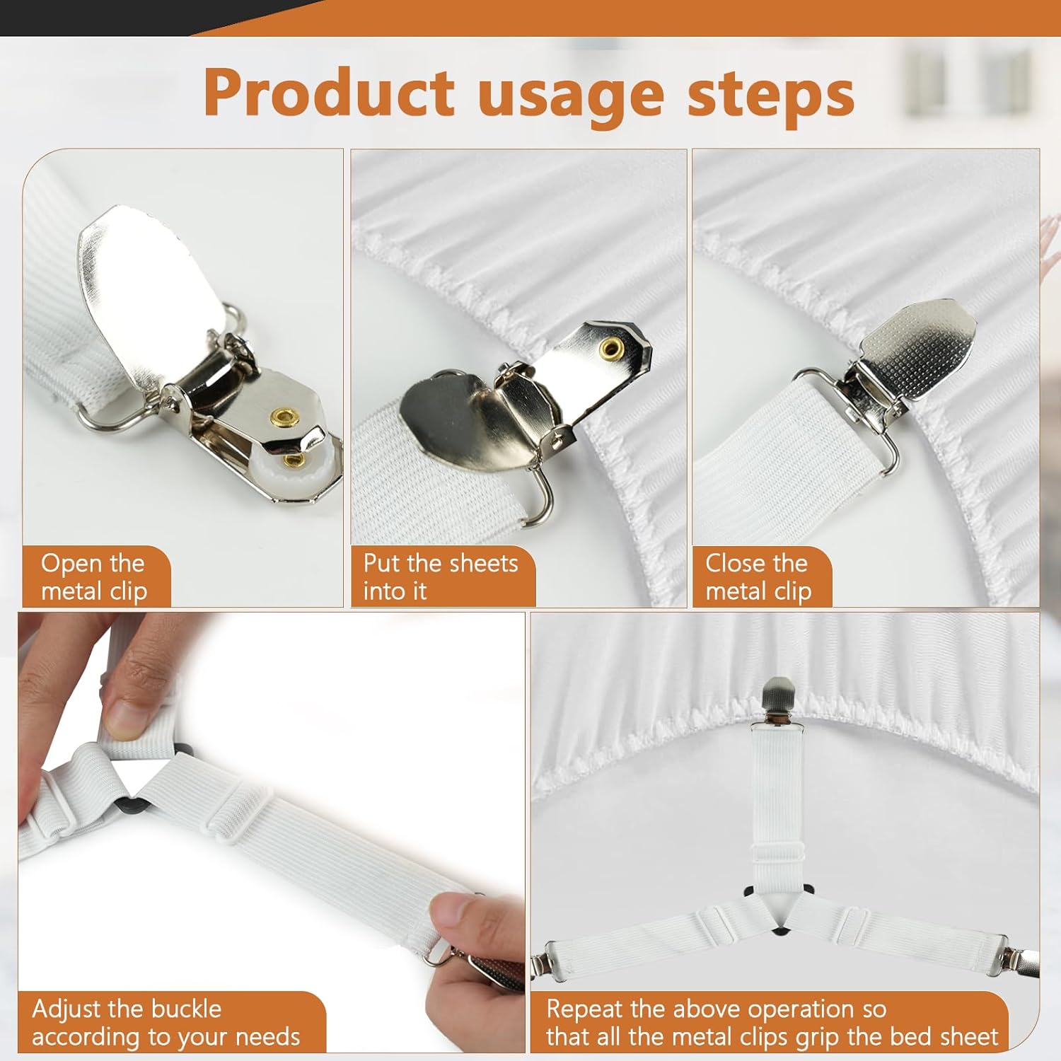 4PCS Bed Sheet Straps with l Clips, Adjustable Elastic Fitted Sheet Holders for Corners, Keep Bedding Wrinkle-Free, Easy to Install Durable Fasteners, Mattresses (White) - Image 4