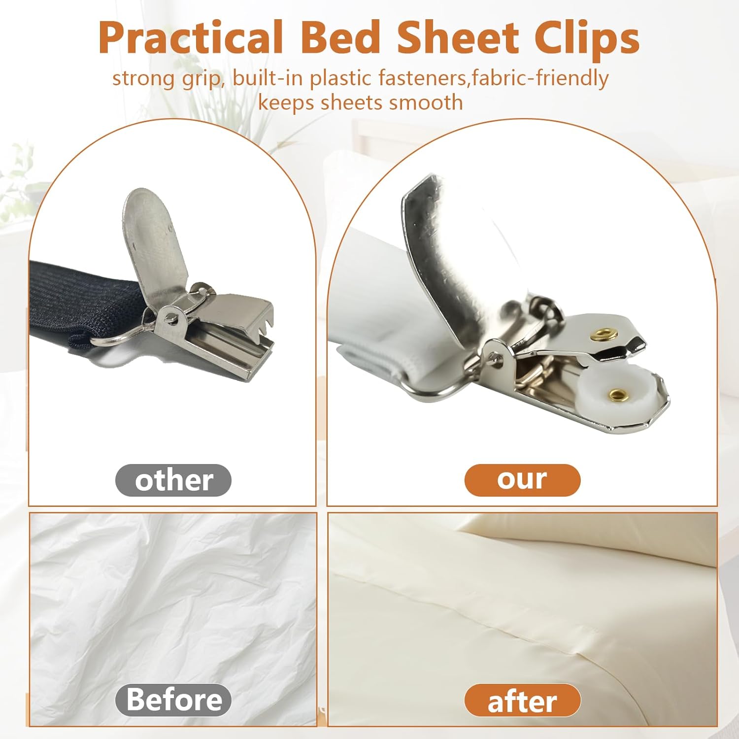 4PCS Bed Sheet Straps with l Clips, Adjustable Elastic Fitted Sheet Holders for Corners, Keep Bedding Wrinkle-Free, Easy to Install Durable Fasteners, Mattresses (White) - Image 5