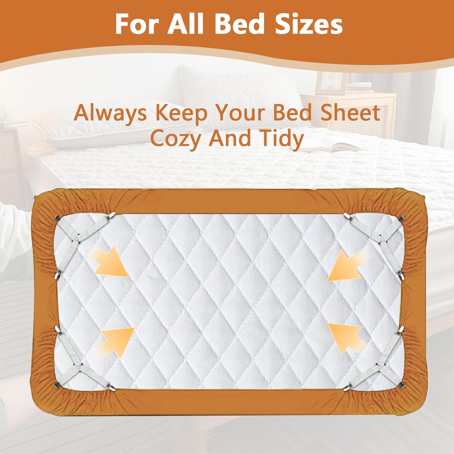 4PCS Bed Sheet Straps with l Clips, Adjustable Elastic Fitted Sheet Holders for Corners, Keep Bedding Wrinkle-Free, Easy to Install Durable Fasteners, Mattresses (White) - Image 6