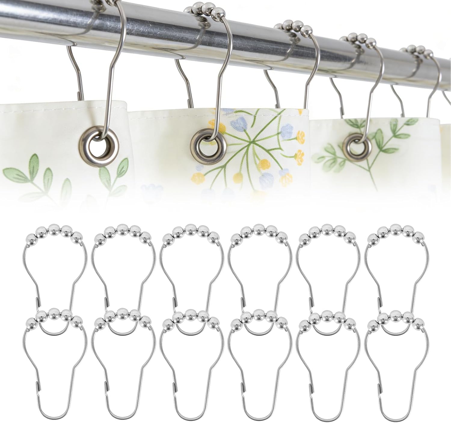 12 Shower Curtain Hooks, Suitable for Bathroom Shower rods for Rust-Proof Decorative Stainless Steel Shower Curtain Hooks, Silver - Image 1