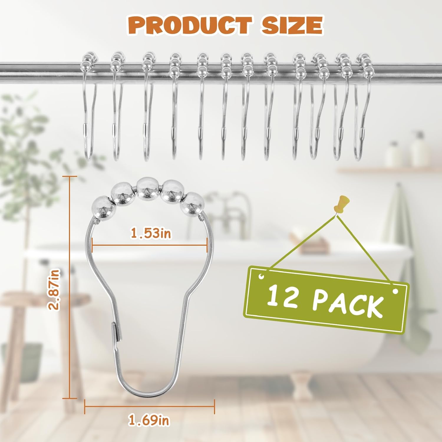 12 Shower Curtain Hooks, Suitable for Bathroom Shower rods for Rust-Proof Decorative Stainless Steel Shower Curtain Hooks, Silver - Image 4