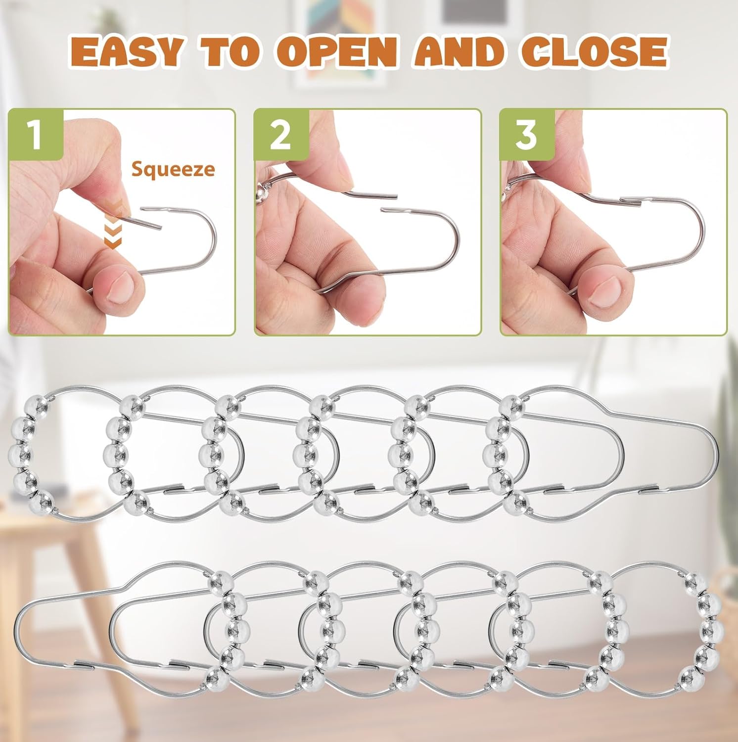 12 Shower Curtain Hooks, Suitable for Bathroom Shower rods for Rust-Proof Decorative Stainless Steel Shower Curtain Hooks, Silver - Image 5