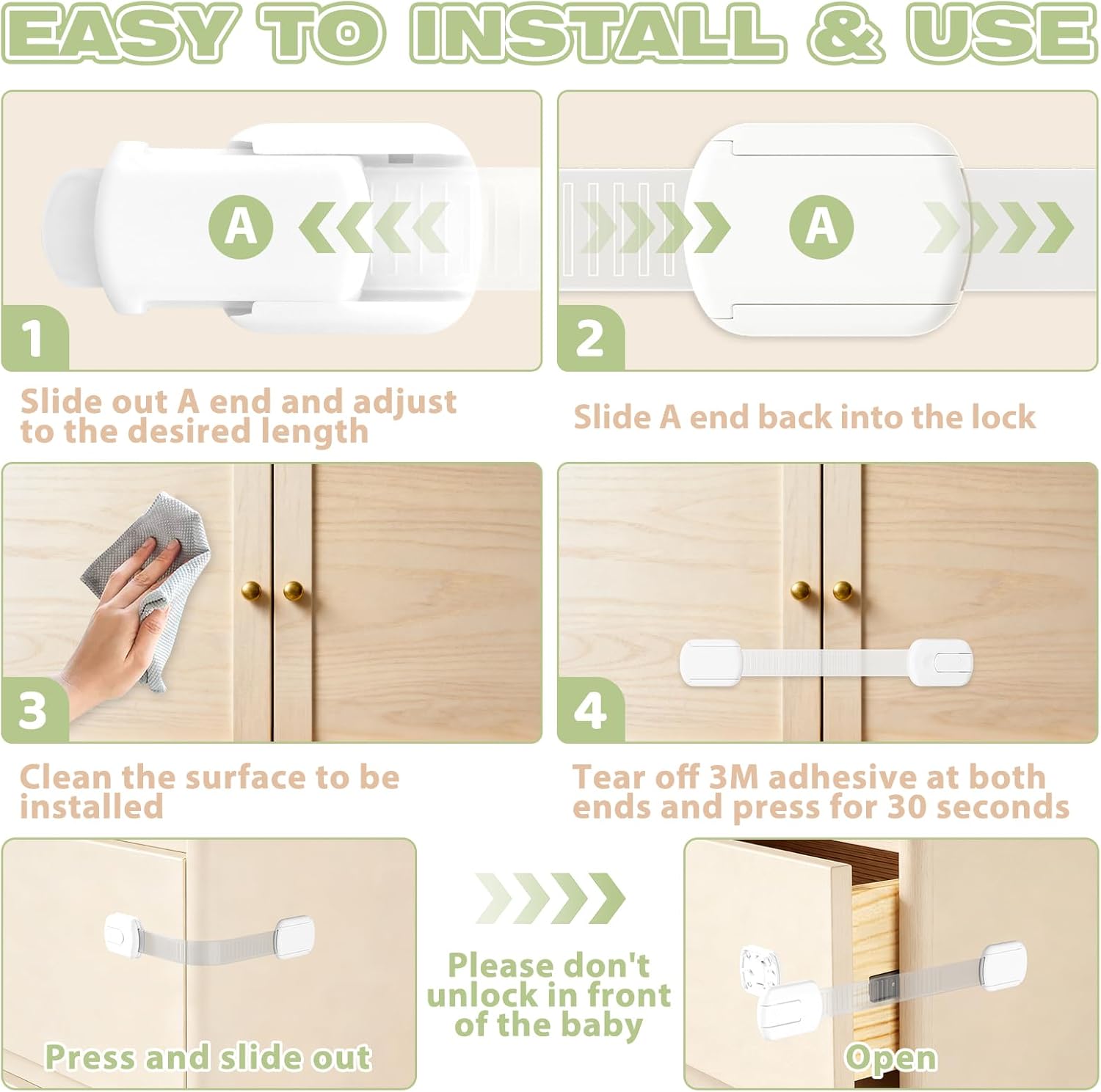 8-pack Child Safety Cabinet Locks, Child-proof Cabinet Locks with 3M Adhesive, No Drilling Required, Multipurpose Baby-proof Cabinet Locks For Drawers, Fridge, Cabinets, Toilet Seat and More - Image 5