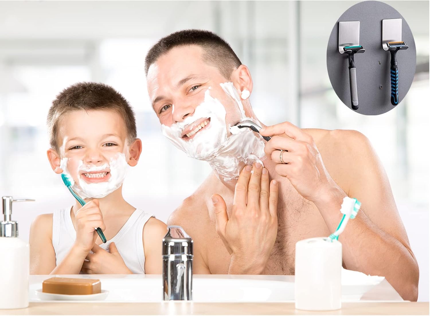 Razor Holder Shaver Hook Hanger Stand(2 Pack)Self Adhesive Stainless Steel Heavy Duty Utility Storage Hook,Shower Hook for Razor,Bathroom Kitchen Organizer for Plug Robe Towel Loofah Bathrobe Coat - Image 3