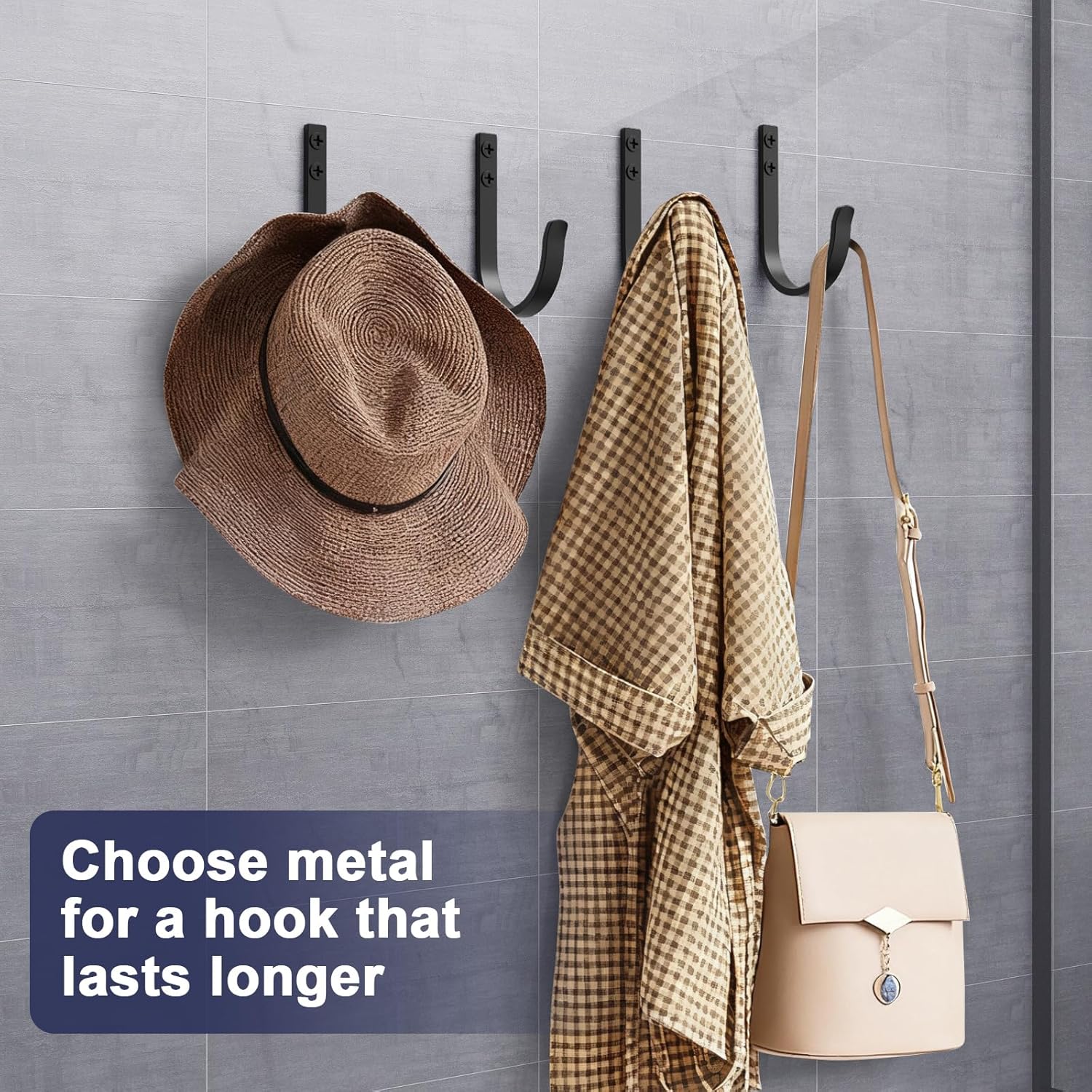 Wall Hooks 4 Pack, 22LB Load-Bearing Black l Heavy Duty Hooks with Expansion Nails - Wall Mounted Coat Rack, Key Holder, Towel Hanger for Bathroom, Kitchen, Outdoor - Decorative Hooks - Image 3