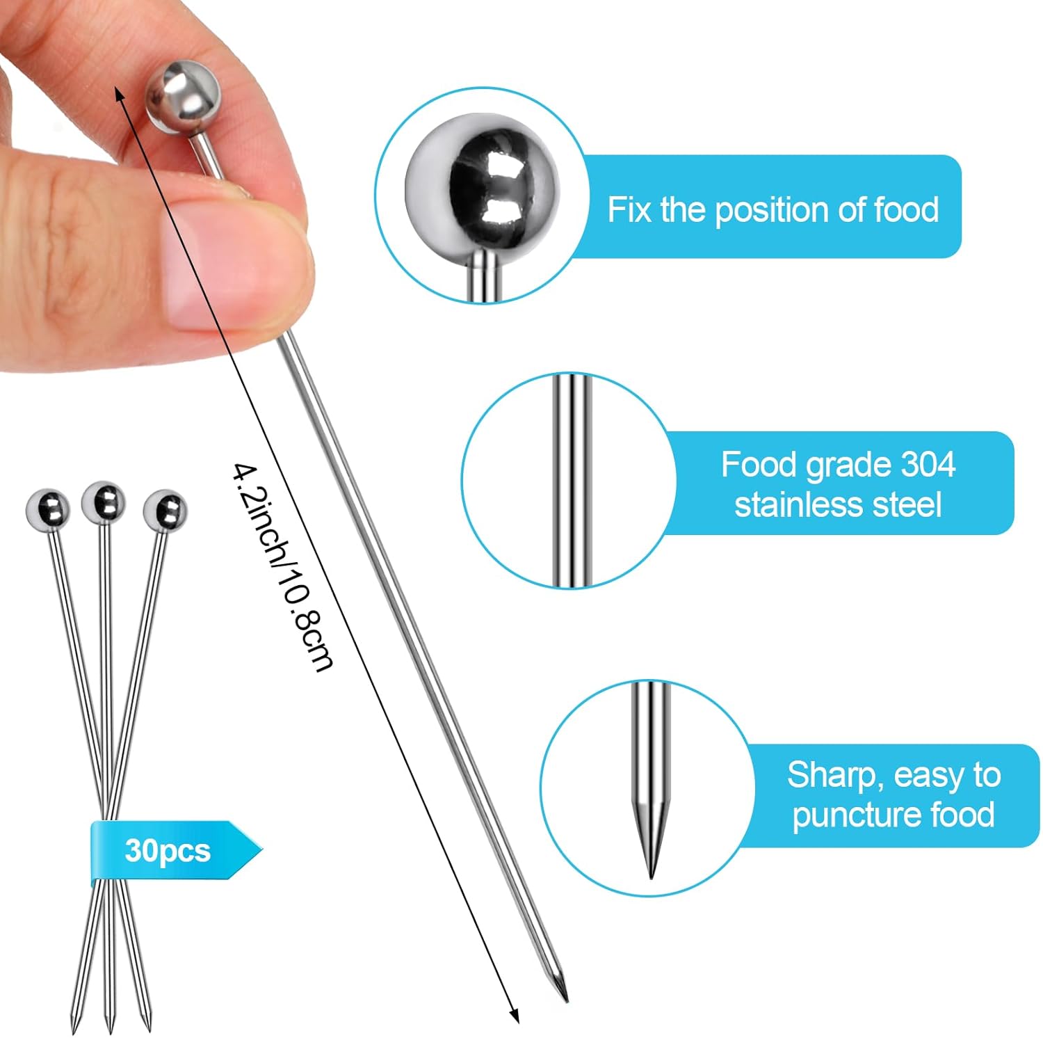 30 Pcs Cocktail Picks, Appetizer Skewers Stainless Steel, Cocktail Skewers Cleanable and Reusable, Toothpicks for Food and Drinks, Bar Party, Barbeque Snacks, Sandwiches, and Fruit (4.2Inch) - Image 2
