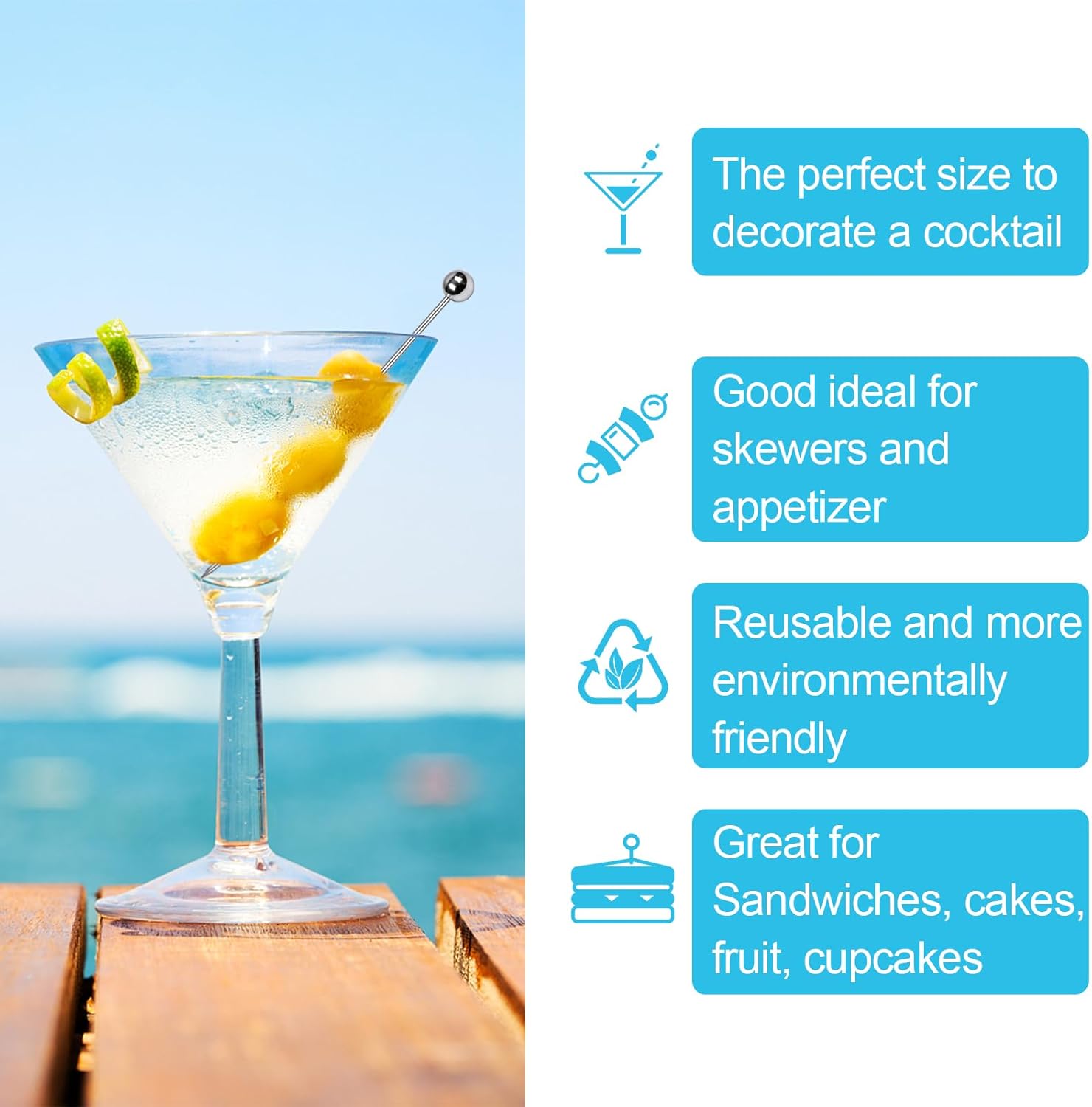 30 Pcs Cocktail Picks, Appetizer Skewers Stainless Steel, Cocktail Skewers Cleanable and Reusable, Toothpicks for Food and Drinks, Bar Party, Barbeque Snacks, Sandwiches, and Fruit (4.2Inch) - Image 4