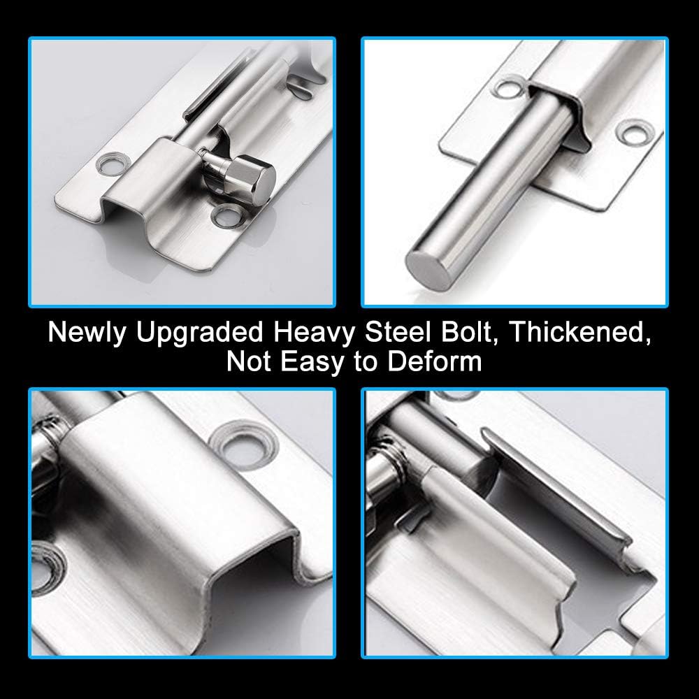 2 Pack Barrel Bolt Latch, 3 Inches Slide Latch Lock, Thickened Stainless Steel Sliding Locks for Door, Brushed Finish Sliding Bolt Lock Latches with 12PCS Screws - Image 2