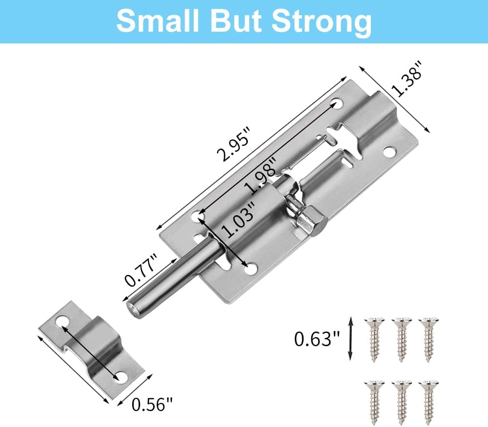 2 Pack Barrel Bolt Latch, 3 Inches Slide Latch Lock, Thickened Stainless Steel Sliding Locks for Door, Brushed Finish Sliding Bolt Lock Latches with 12PCS Screws - Image 4