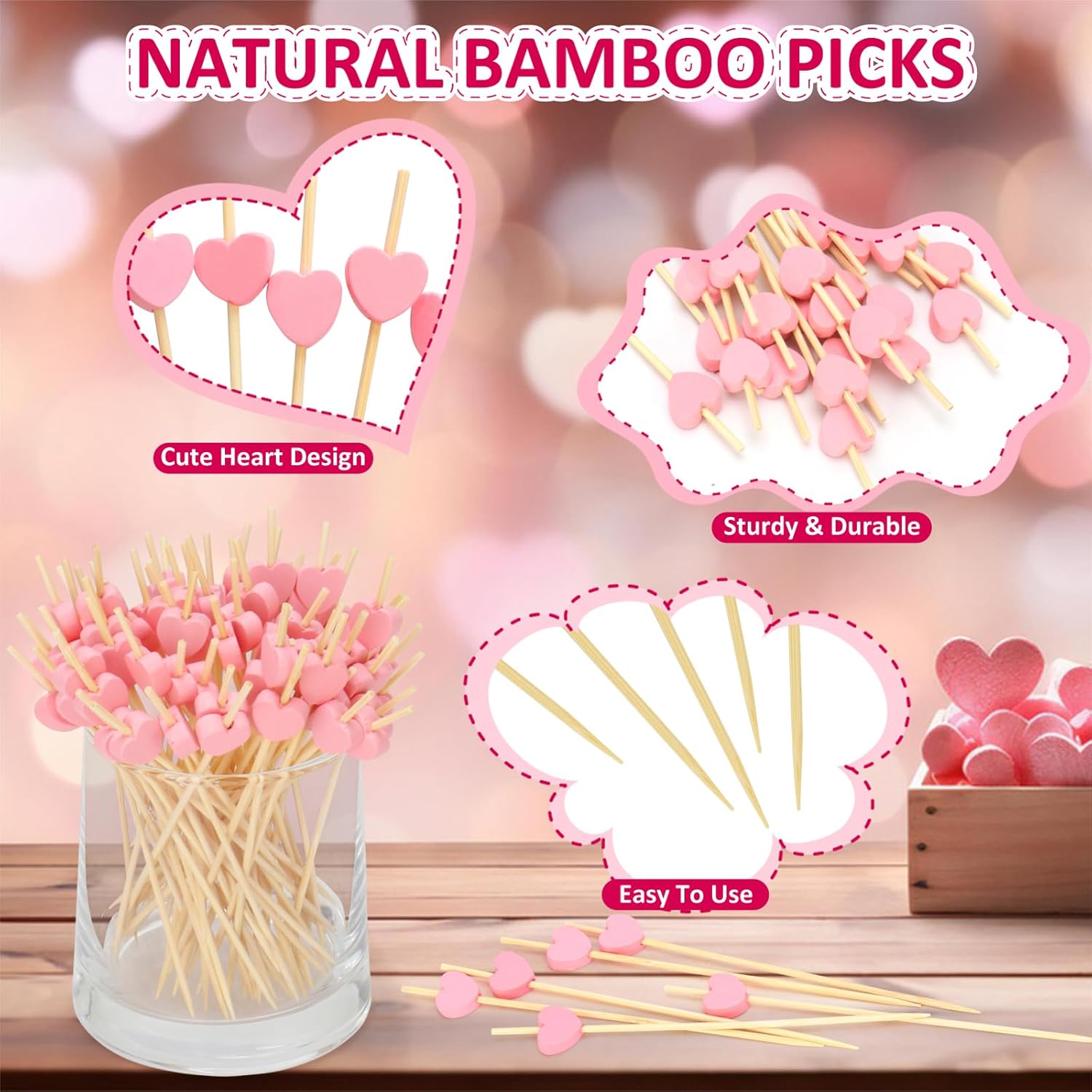 Pink Heart Cocktail Picks, Valentines Galentines Day Decorations Toothpicks for Appetizers, 4.7 IN Long Fancy Bamboo Food Skewers Wooden Charcuterie Sticks for Drinks Party Supplies Wedding Decor 100 - Image 2