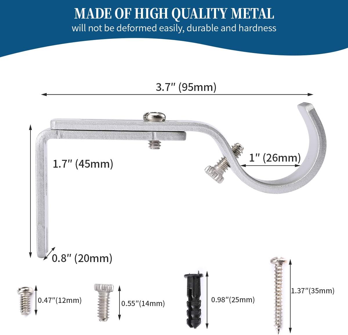Heavy Duty Adjustable Curtain Rod Brackets Rod Holders for 1 Inch Rod, Silver Color, (Set of 2) - Image 4
