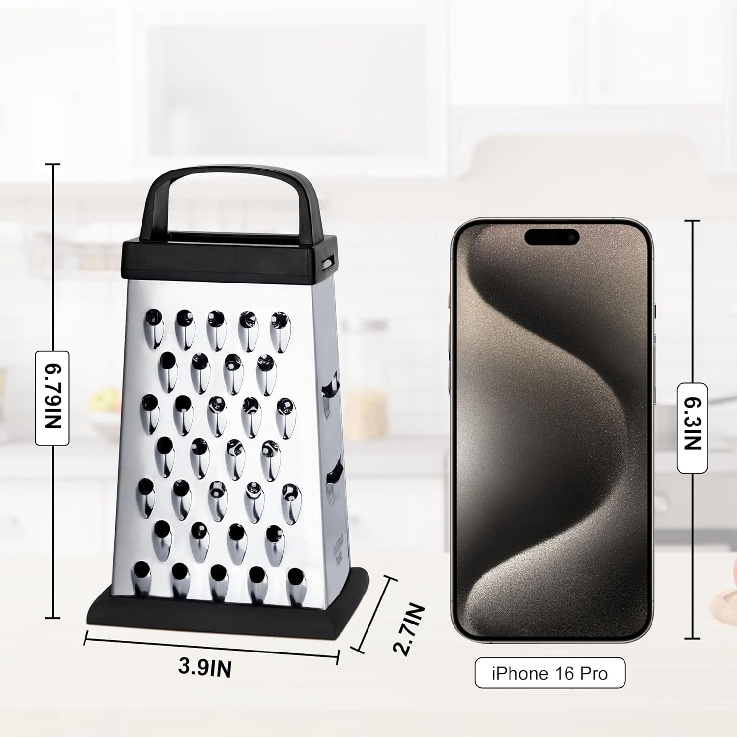 Cheese Grater, Mini Size 4-Sided Stainless Steel Grater, Food Shredder for Cheese, Parmesan, Vegetable, Dishwasher Safe, Black - Image 2
