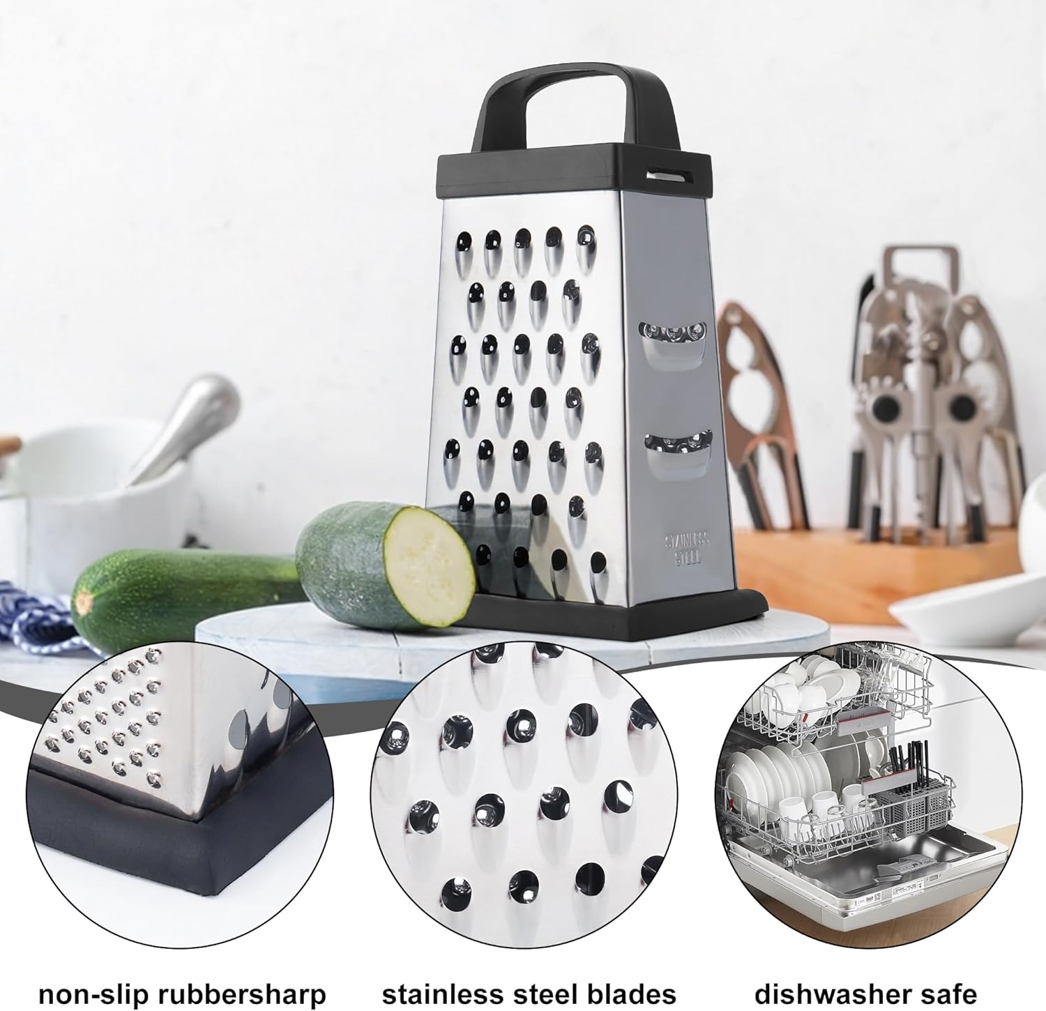 Cheese Grater, Mini Size 4-Sided Stainless Steel Grater, Food Shredder for Cheese, Parmesan, Vegetable, Dishwasher Safe, Black - Image 3
