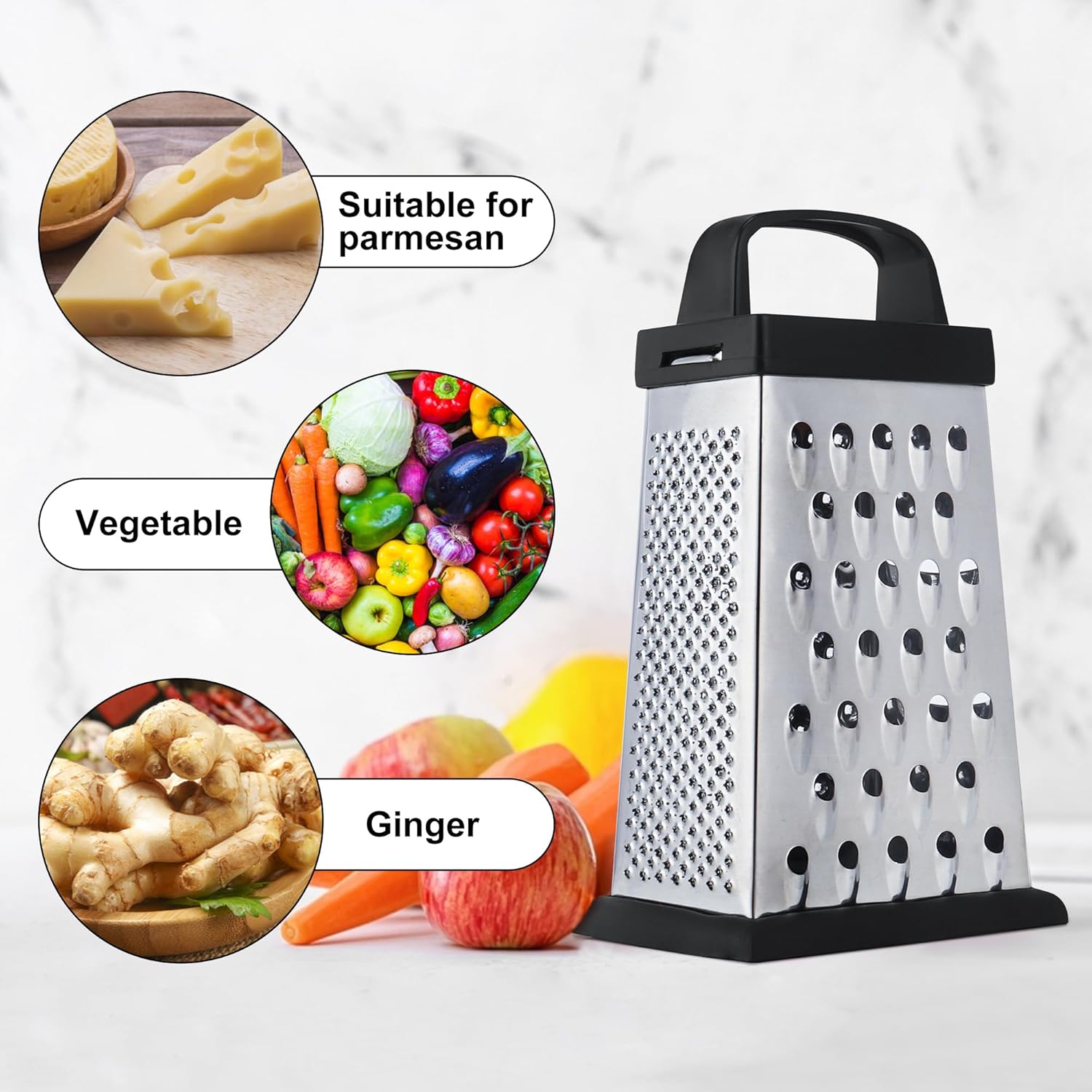 Cheese Grater, Mini Size 4-Sided Stainless Steel Grater, Food Shredder for Cheese, Parmesan, Vegetable, Dishwasher Safe, Black - Image 4