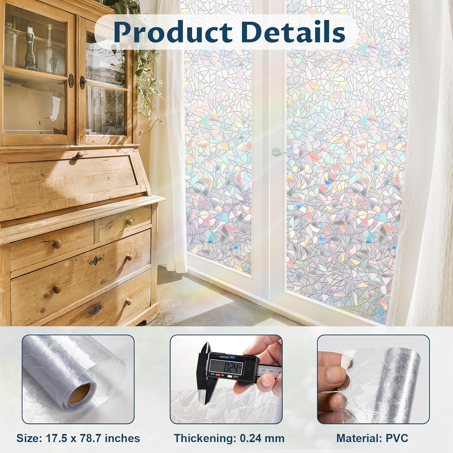 Rainbow Window Privacy Film Non-Adhesive Sun Blocking Reusable and Removable Glass Film Door Coverings for Bathroom, Home, Office, 17.5 x 78.7 Inch - Image 2