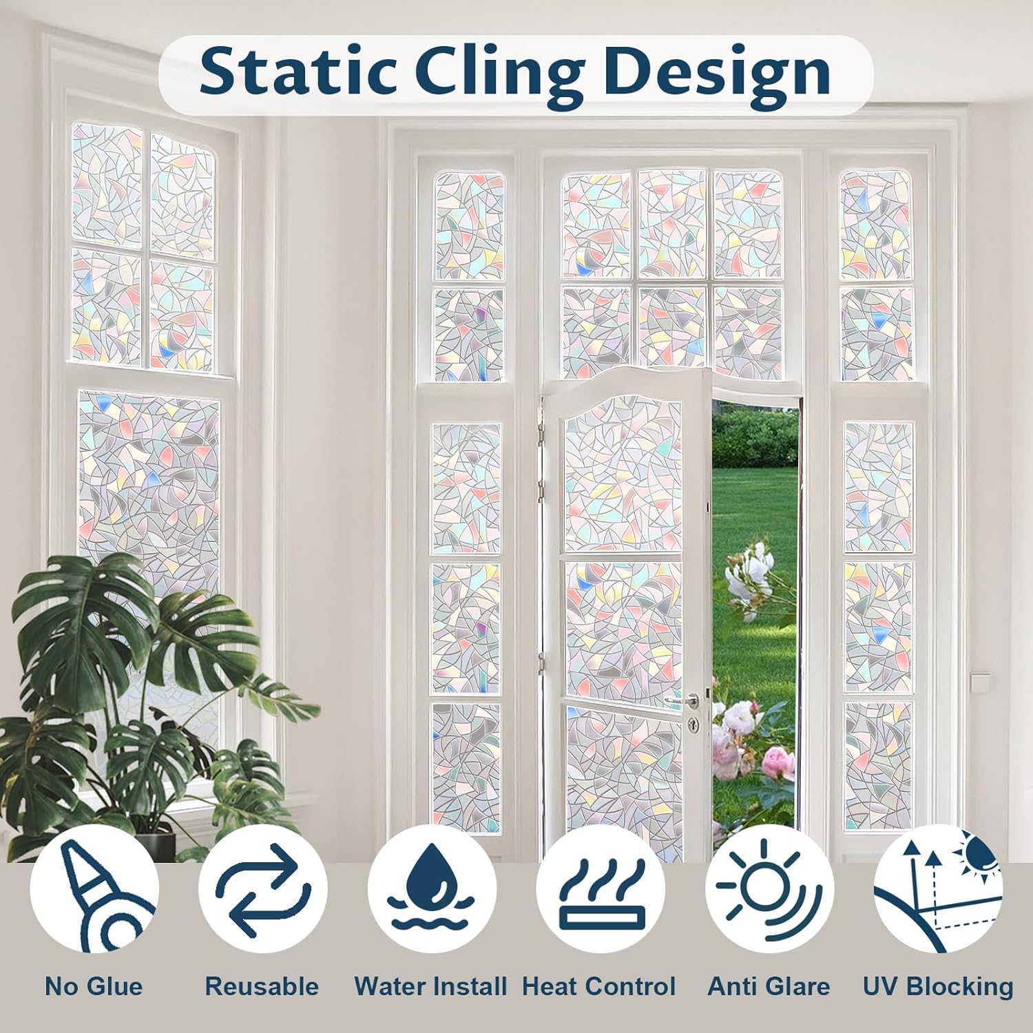 Rainbow Window Privacy Film Non-Adhesive Sun Blocking Reusable and Removable Glass Film Door Coverings for Bathroom, Home, Office, 17.5 x 78.7 Inch - Image 3