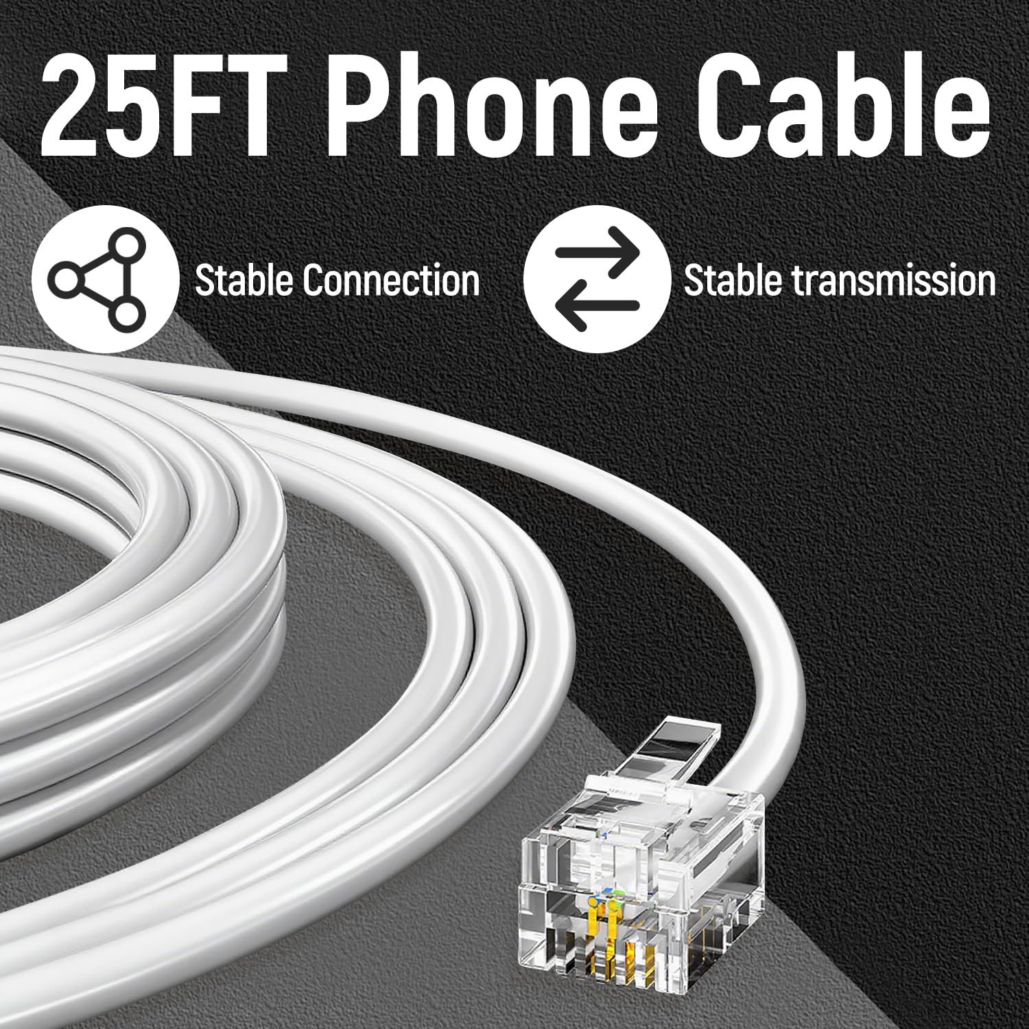 25 Feet White Phone Extension Line Cord, Standard RJ11 6P4C Telephone Cable Wire, Landline Phone Wire for Telephone, Modem, Fax Machine - Image 2