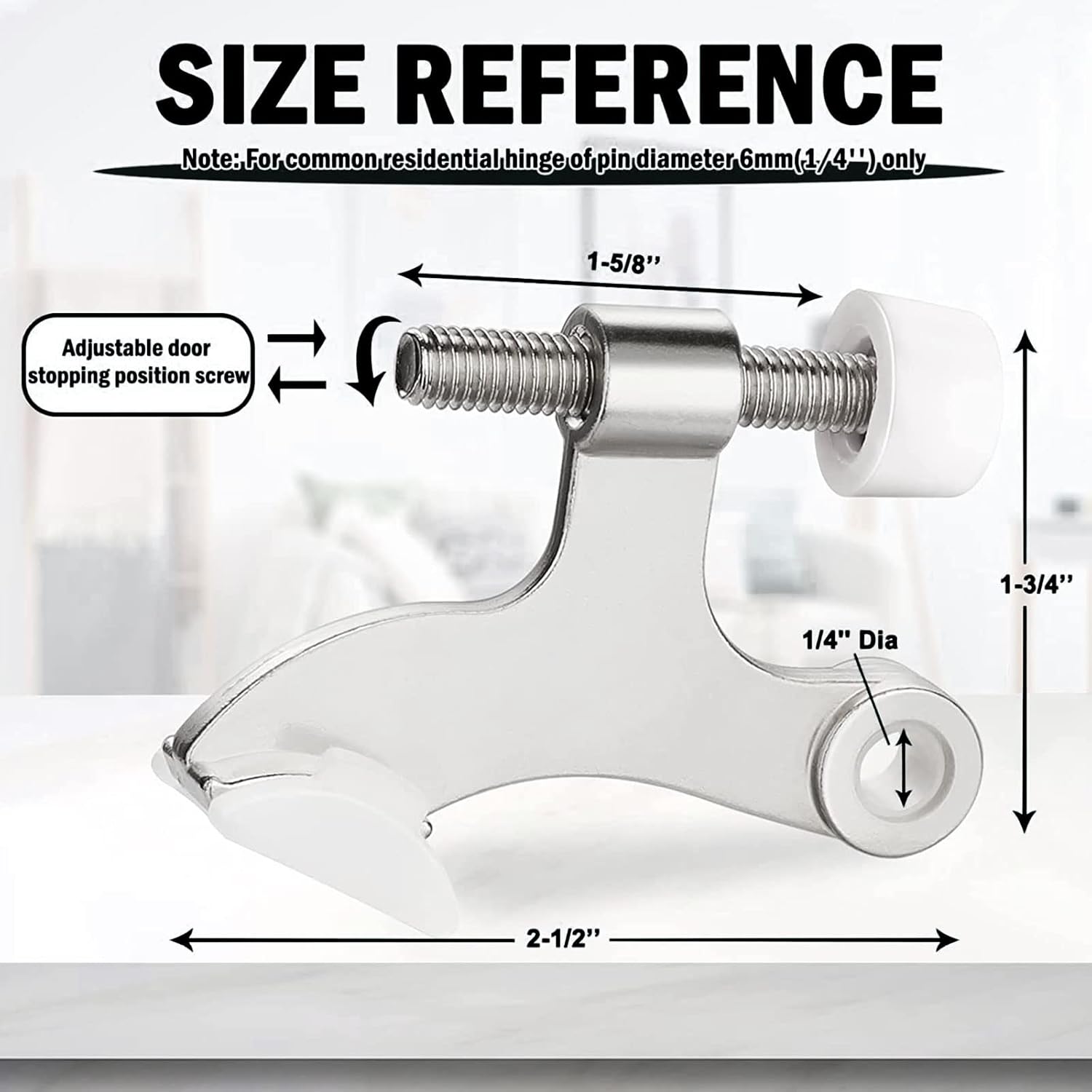 Hinge Pin Door Stopper, 2 Pcs Heavy Duty Hinge Pin Stopper, Adjustable Door Stopper with White Rubber Bumper Tips, Striking Wall Dents from Door Knobs, Silver - Image 2