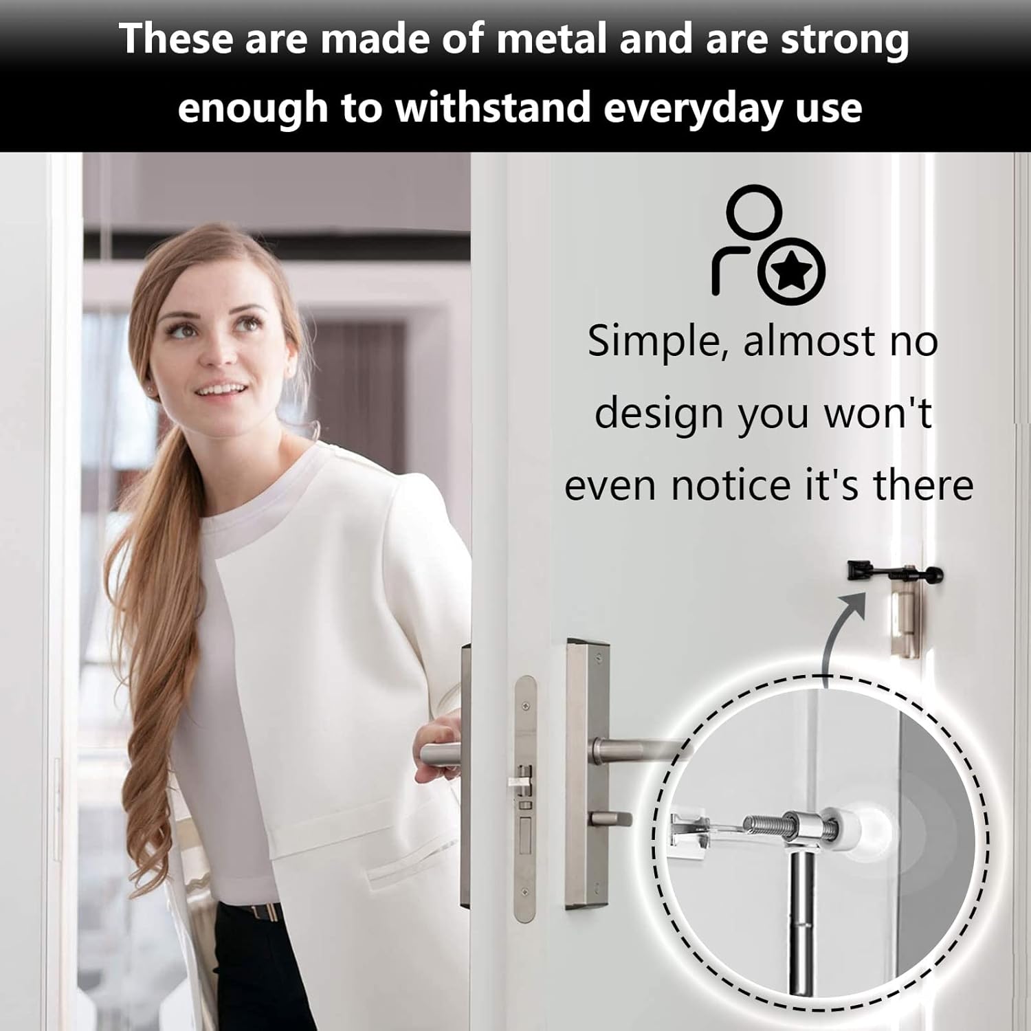 Hinge Pin Door Stopper, 2 Pcs Heavy Duty Hinge Pin Stopper, Adjustable Door Stopper with White Rubber Bumper Tips, Striking Wall Dents from Door Knobs, Silver - Image 3