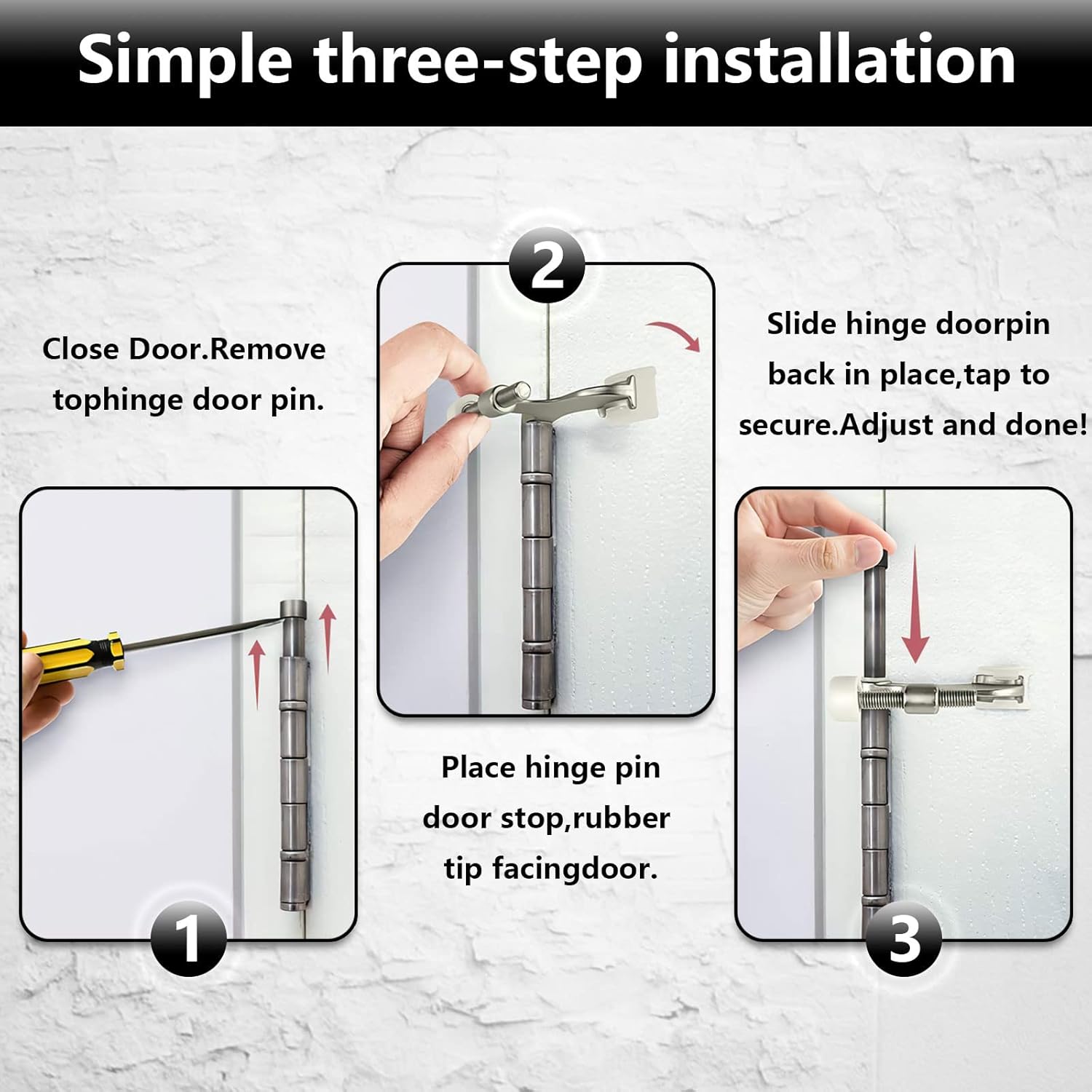 Hinge Pin Door Stopper, 2 Pcs Heavy Duty Hinge Pin Stopper, Adjustable Door Stopper with White Rubber Bumper Tips, Striking Wall Dents from Door Knobs, Silver - Image 4