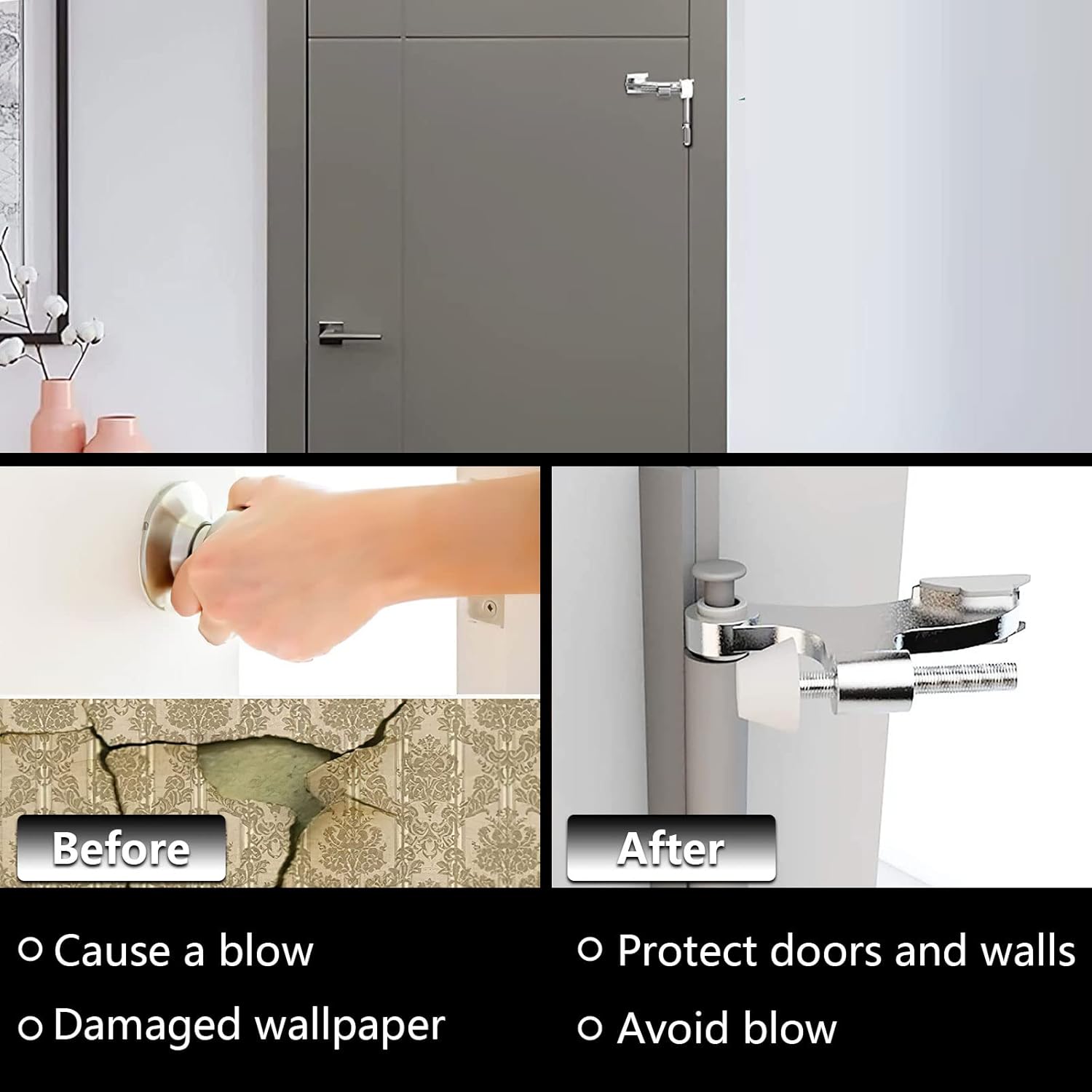 Hinge Pin Door Stopper, 2 Pcs Heavy Duty Hinge Pin Stopper, Adjustable Door Stopper with White Rubber Bumper Tips, Striking Wall Dents from Door Knobs, Silver - Image 5