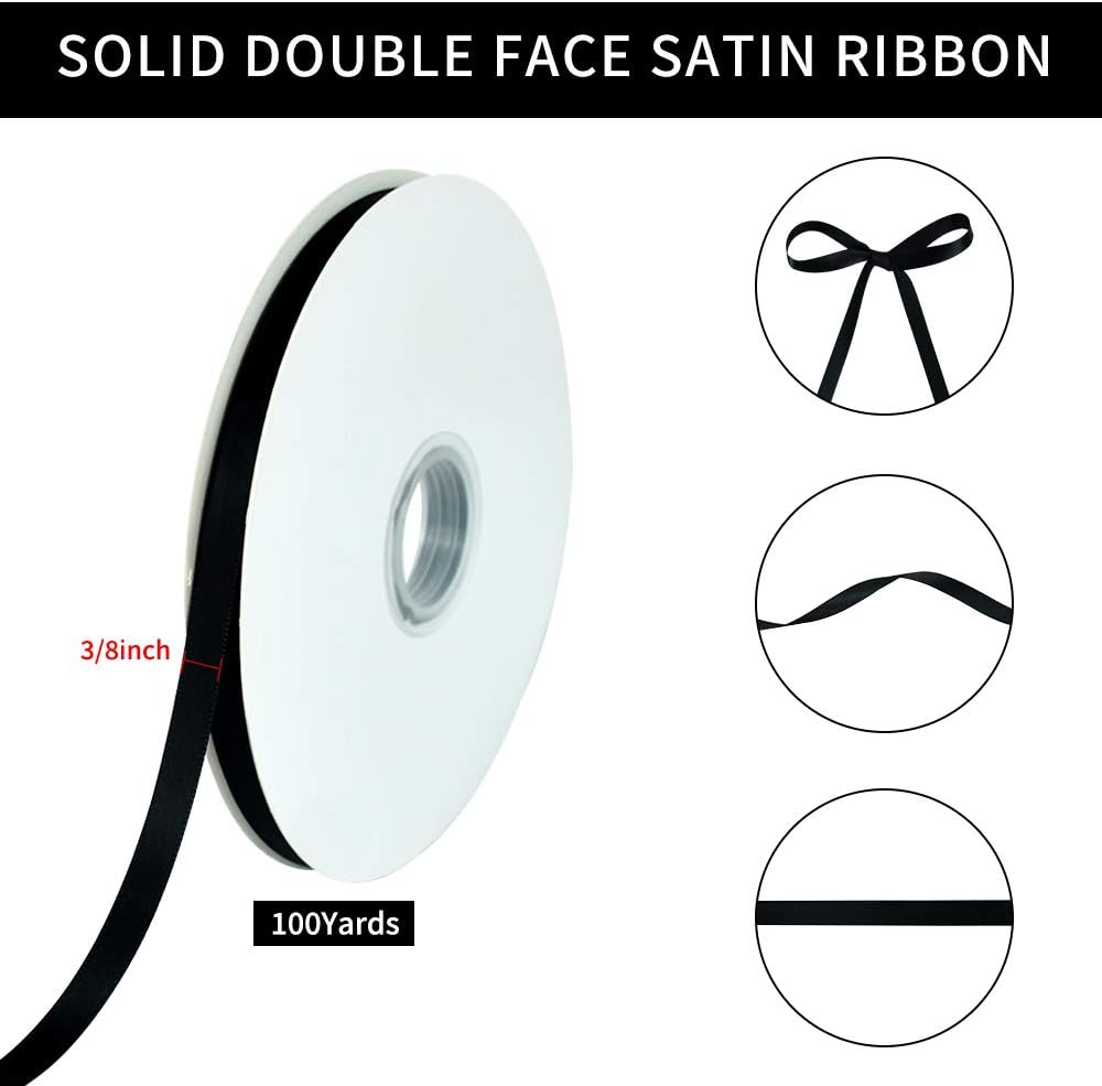 3/8 Inch x 100yds Black Satin Ribbon Thin Solid Fabric Ribbons Roll for Gift Wrapping Invitation Floral Hair Balloons Craft Sewing Party Wedding Halloween Decoration Valentine's Day Bouquet - Image 2