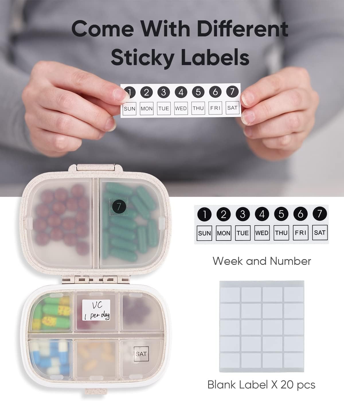 Travel Pill Organizer, 8 Compartments Portable Pill Case, Daily Pill Box to Hold Vitamins, Small Pill Container for Pocket Purse Medicine Organizer（Khaki） - Image 2