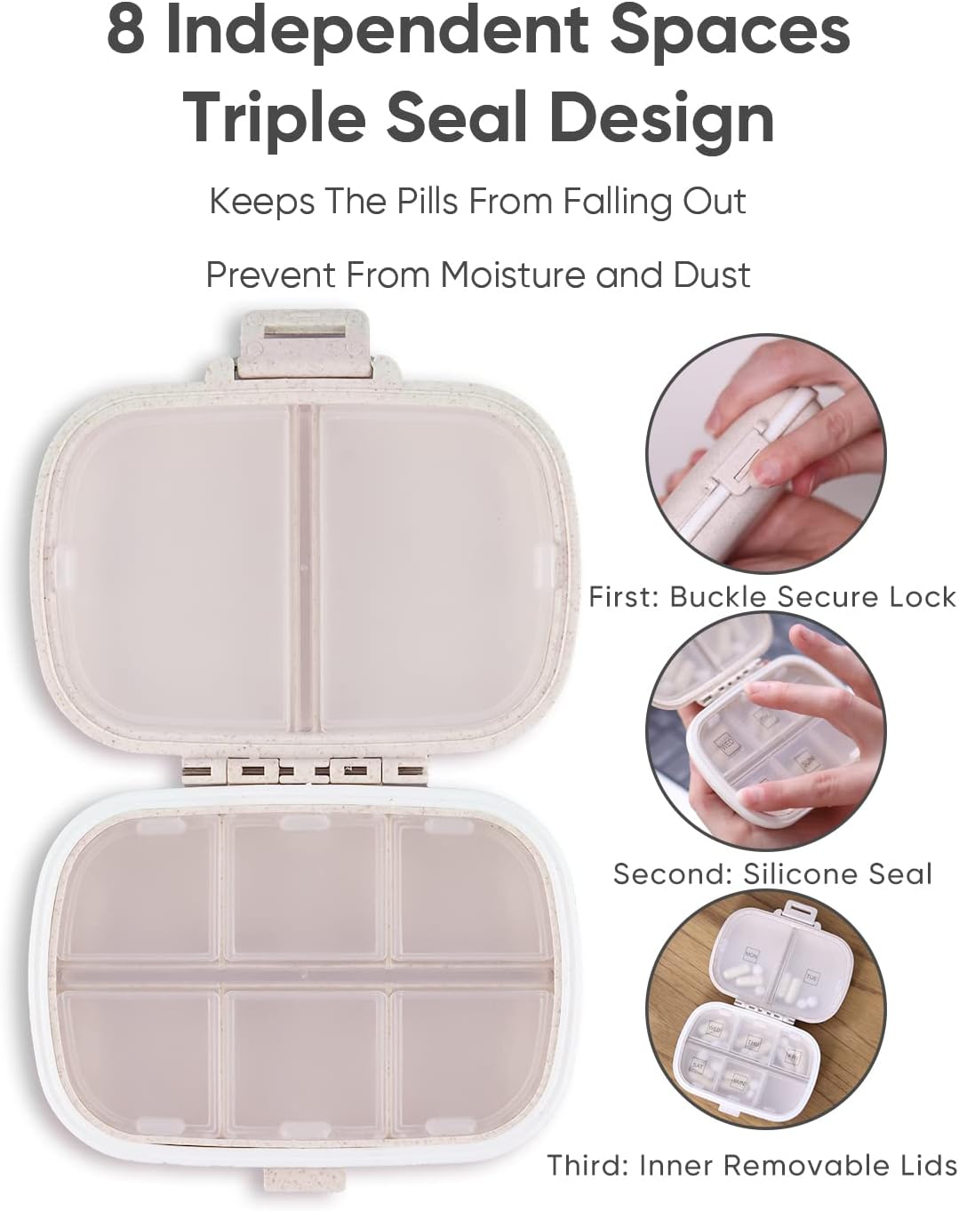 Travel Pill Organizer, 8 Compartments Portable Pill Case, Daily Pill Box to Hold Vitamins, Small Pill Container for Pocket Purse Medicine Organizer（Khaki） - Image 5