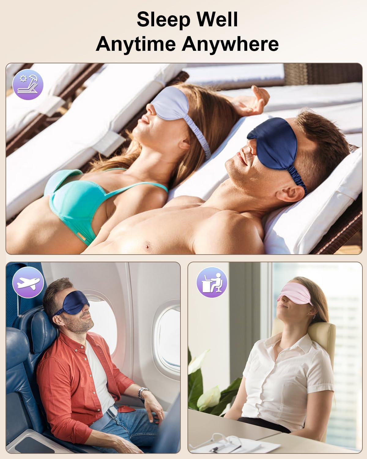 2Pack Silk Sleep Mask, Eye Mask for Sleeping,Elastic Blackout Eye Mask & Blindfold for Full Night's Sleep,Travel and Nap(Black+Purple) - Image 8