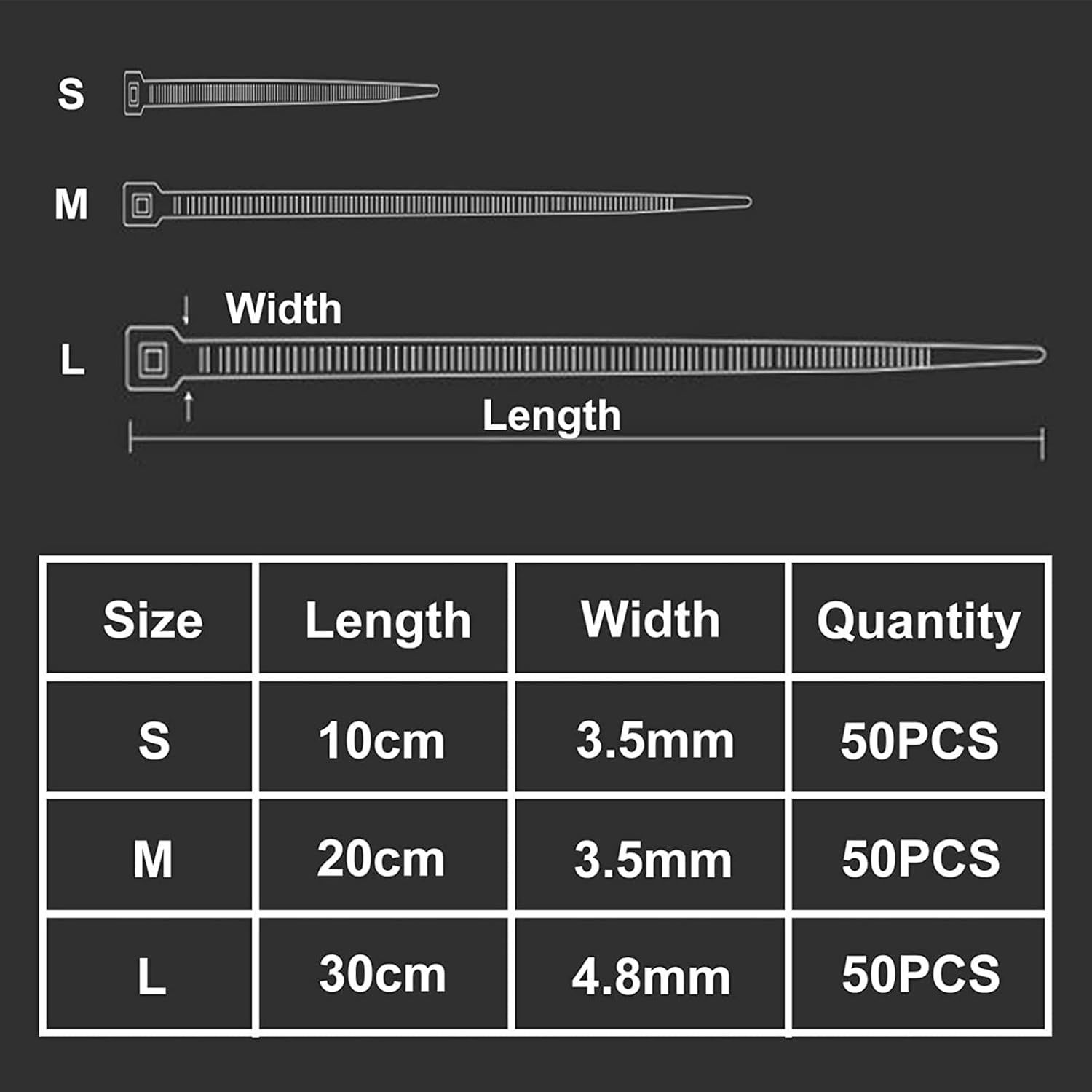 150 PCS Cable Zip Ties Heavy Duty, Self-Locking Nylon Cable Straps 4+8+12 Inch, Durable Auto-Locking Cord Wraps (Black) - Image 2
