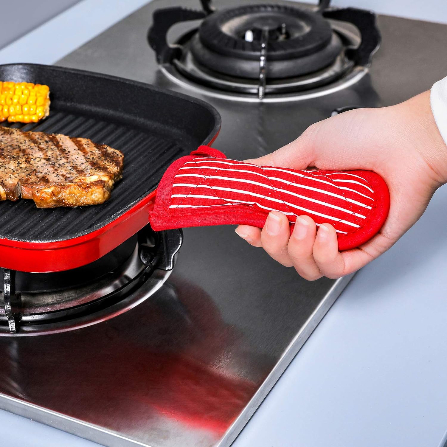 Cast Iron Skillet Handle Covers,Pot Handle Covers Heat Resistant,Pot Holders for Kitchen Heat Resistant,Machine Washable Handle Mitts 2 PCS(Striped) - Image 2